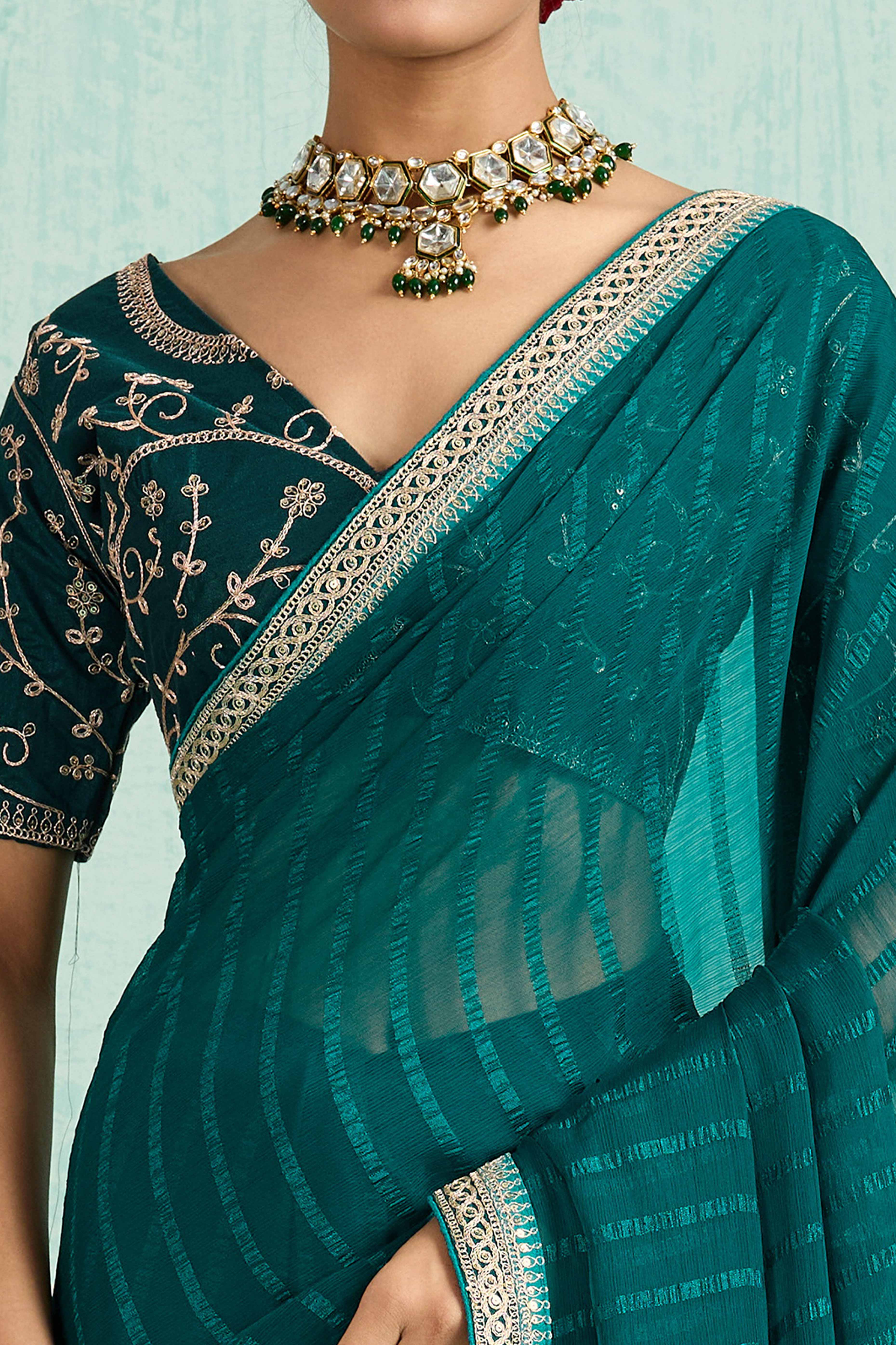 Teal Chiffon Saree With Elegant Stripes & Sequins Embroidered Border - Image 2