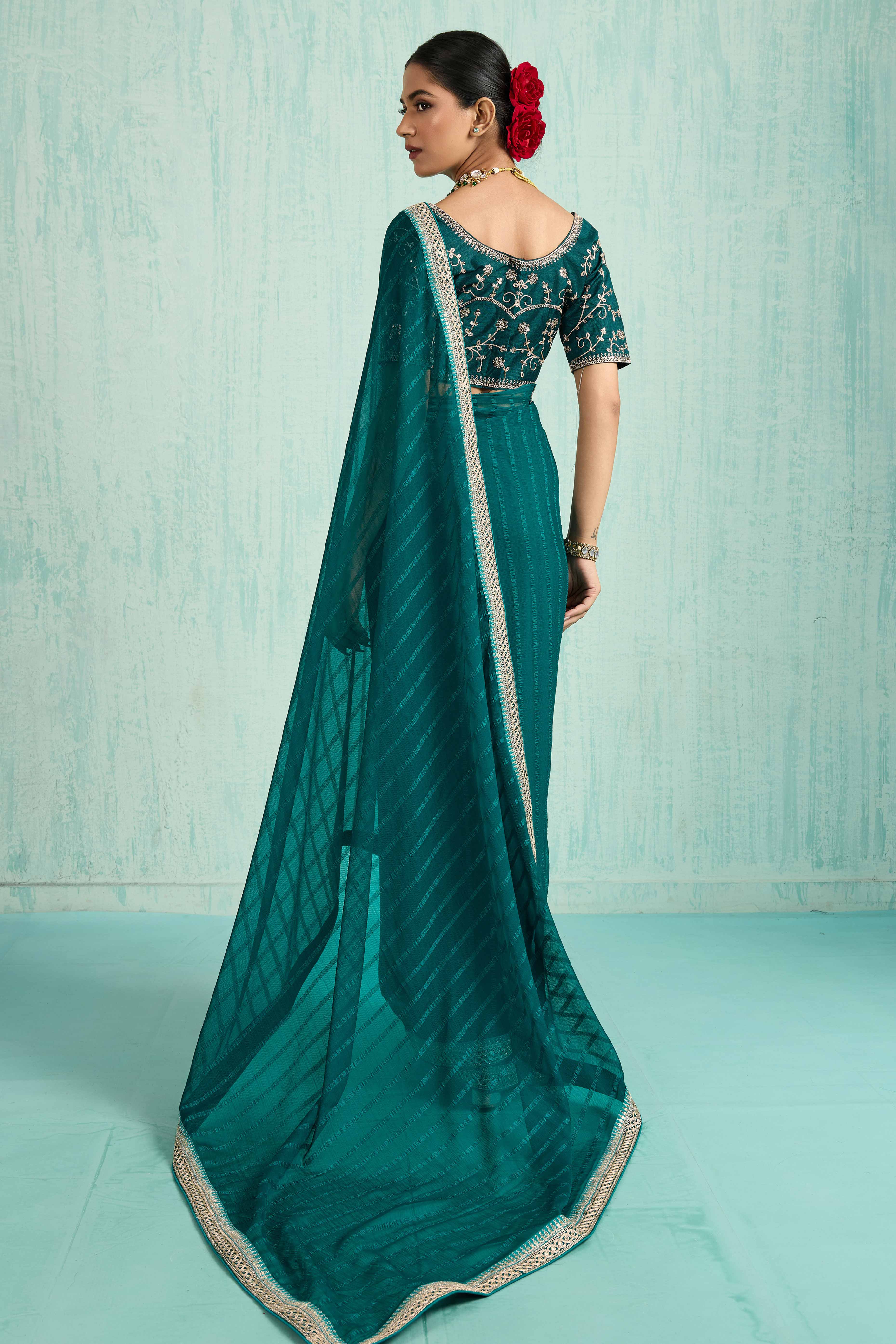 Teal Chiffon Saree With Elegant Stripes & Sequins Embroidered Border - Image 4
