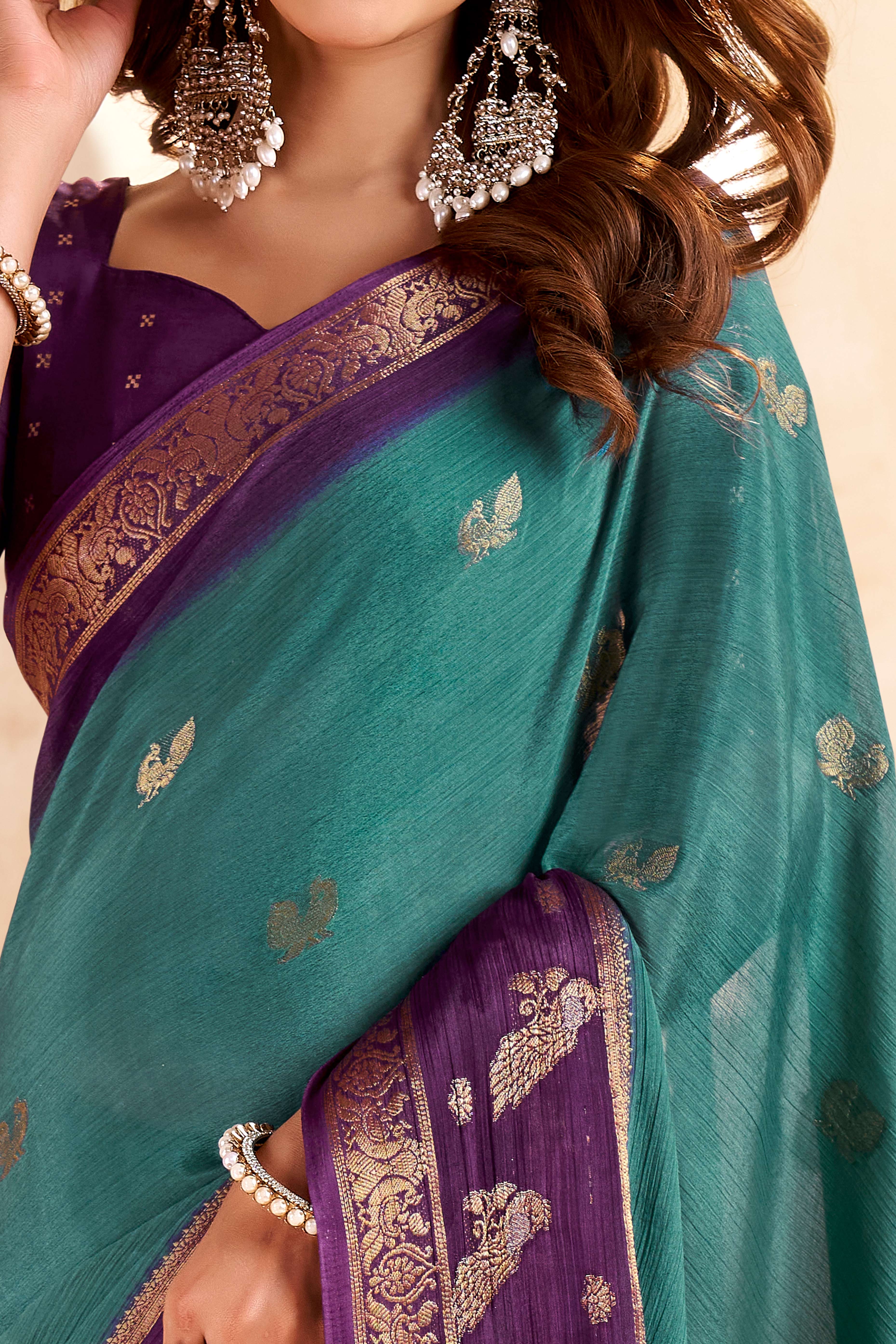 Teal Chinon Saree Featuring Exquisite Jacquard Weaving for a Timeless and Refined Look - Image 2
