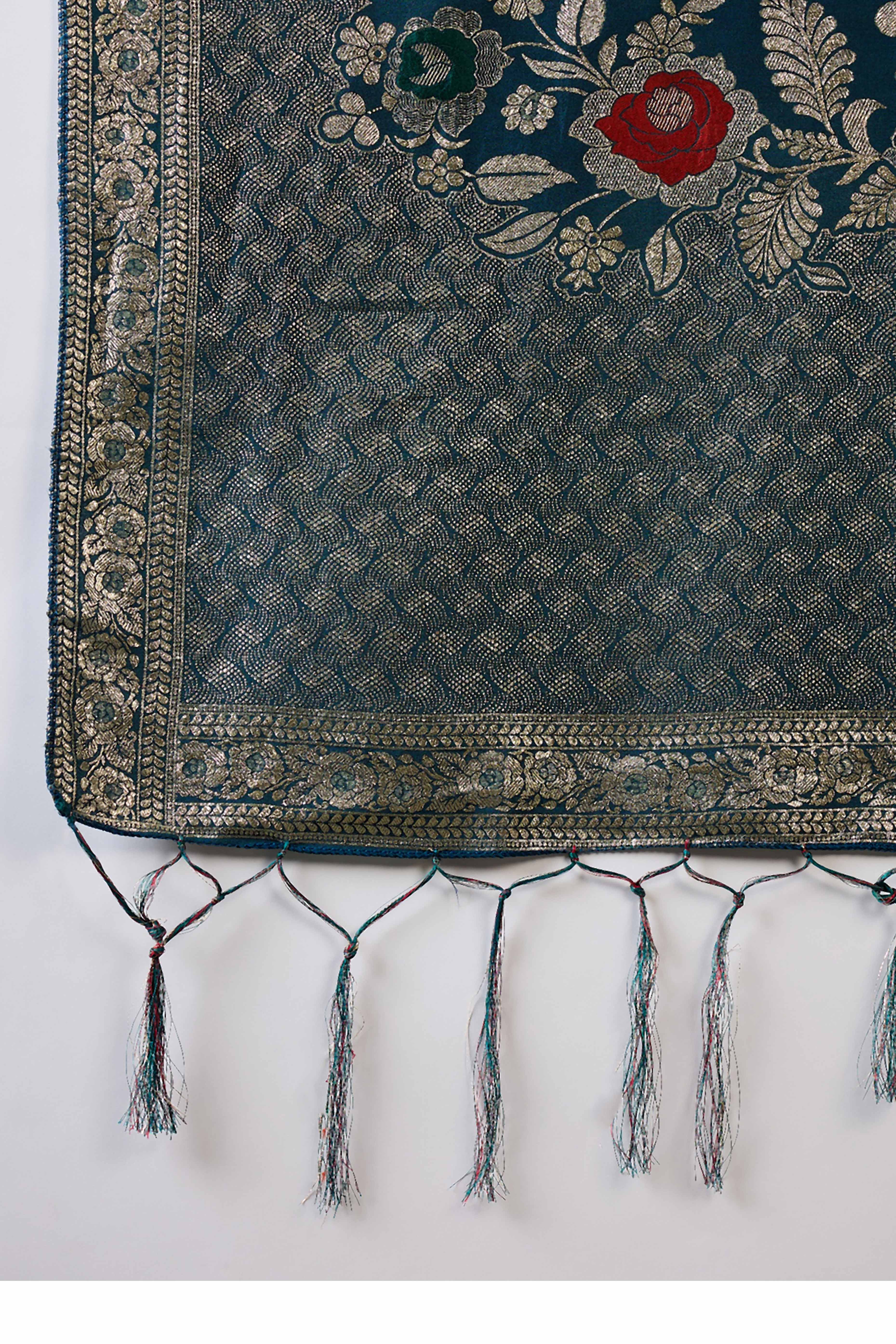 Teal Cotton Blend Saree Embellished With Floral Zari Weaving & Tasselled Pallu - Image 7