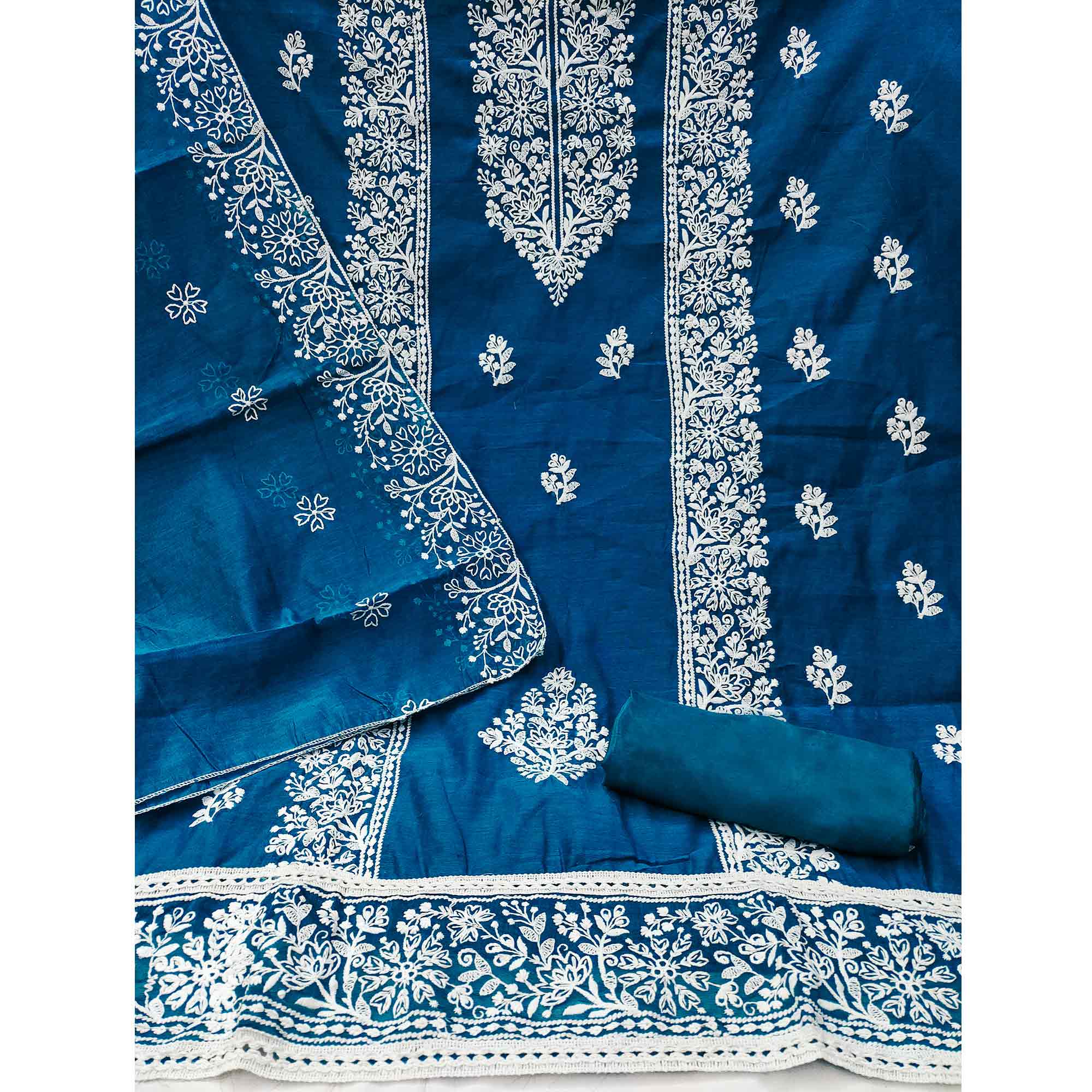Teal Cotton Blend Unstitched Suit Material with Soft Floral Embroidery Work - Image 3