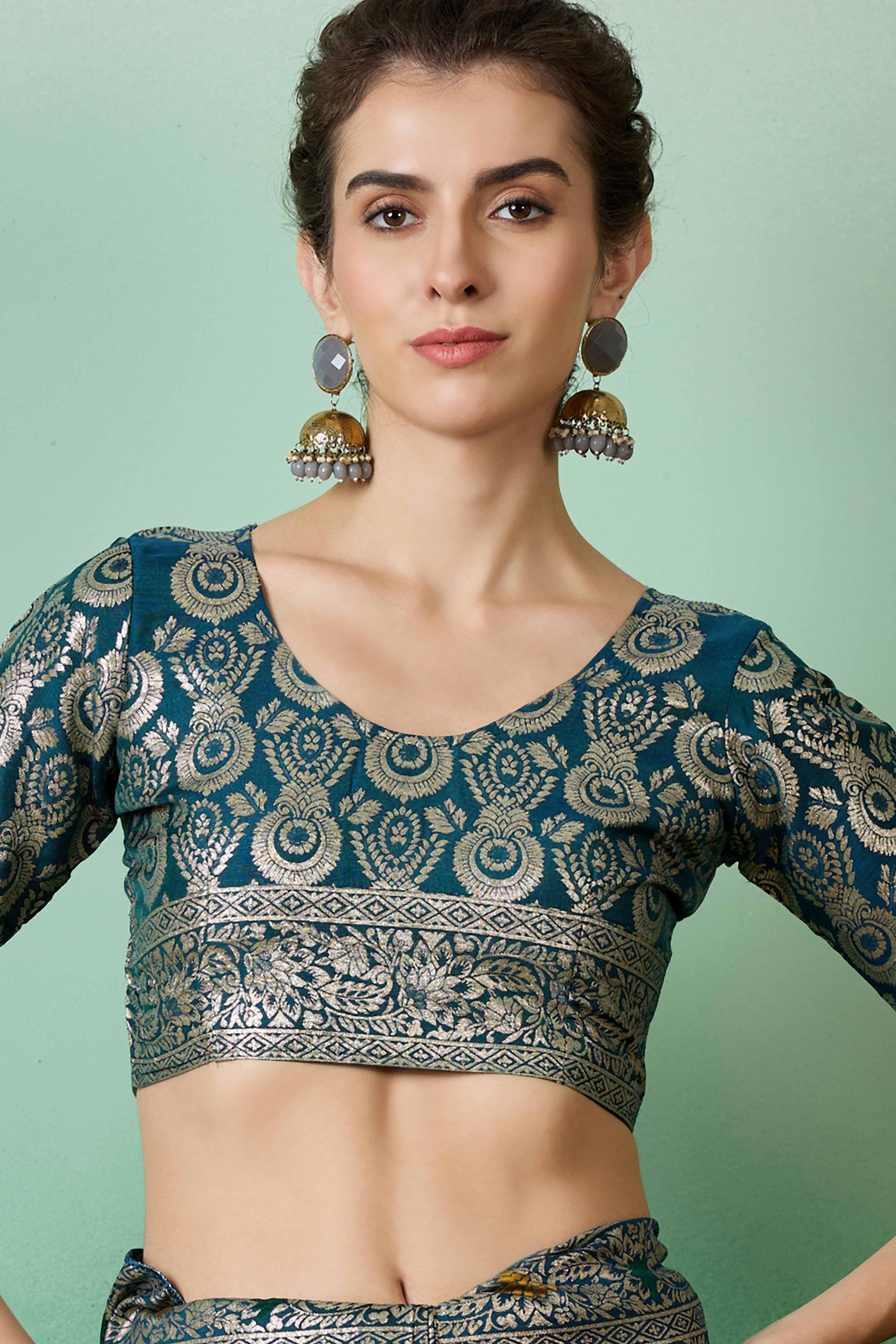 Teal Cotton Meena jacquard Saree Featuring Intricate Floral Weaving & Tassels On The Pallu - Image 6