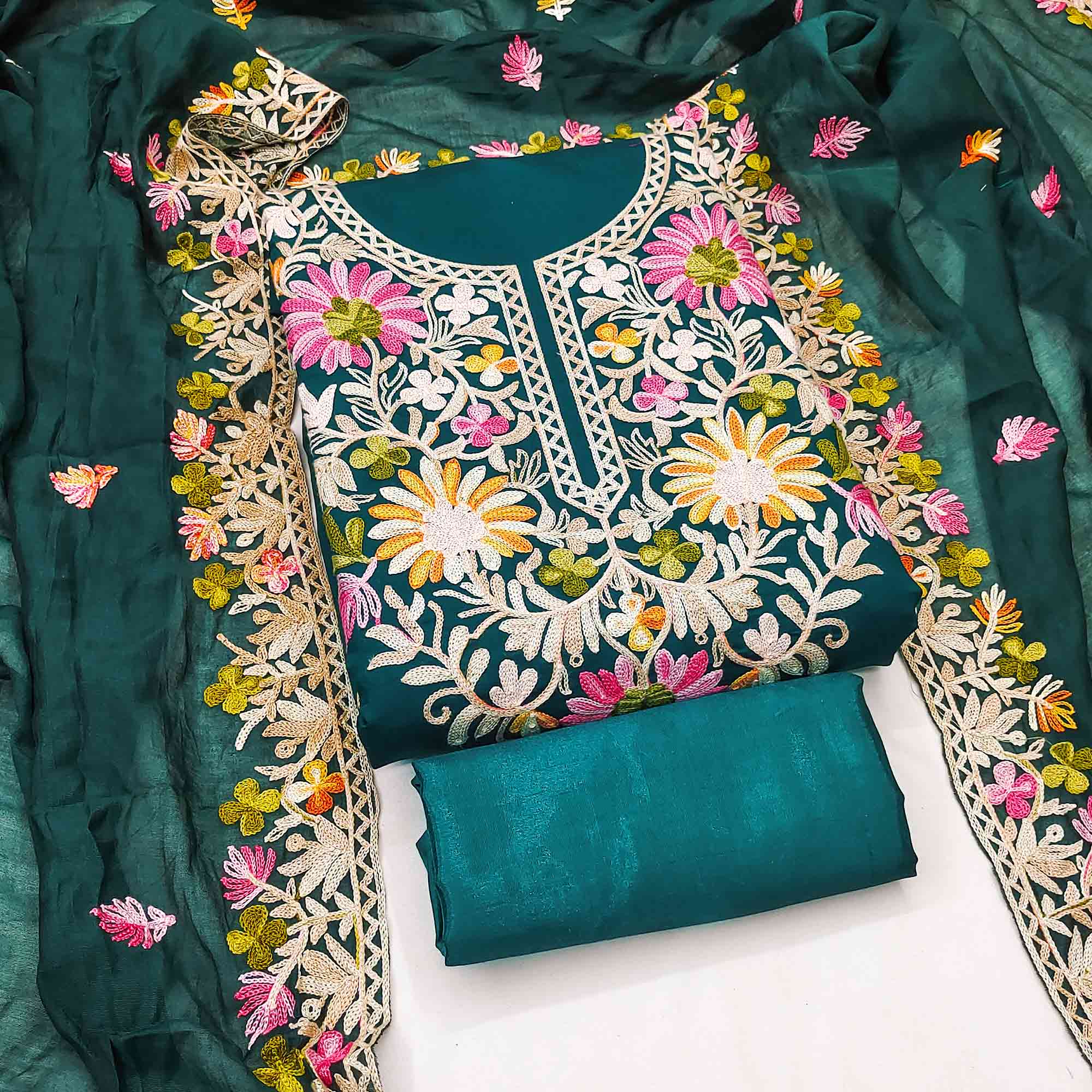 Teal Designer Roman Art Silk Dress Material Adorned With Floral Thread Embroidery Work - Image 3