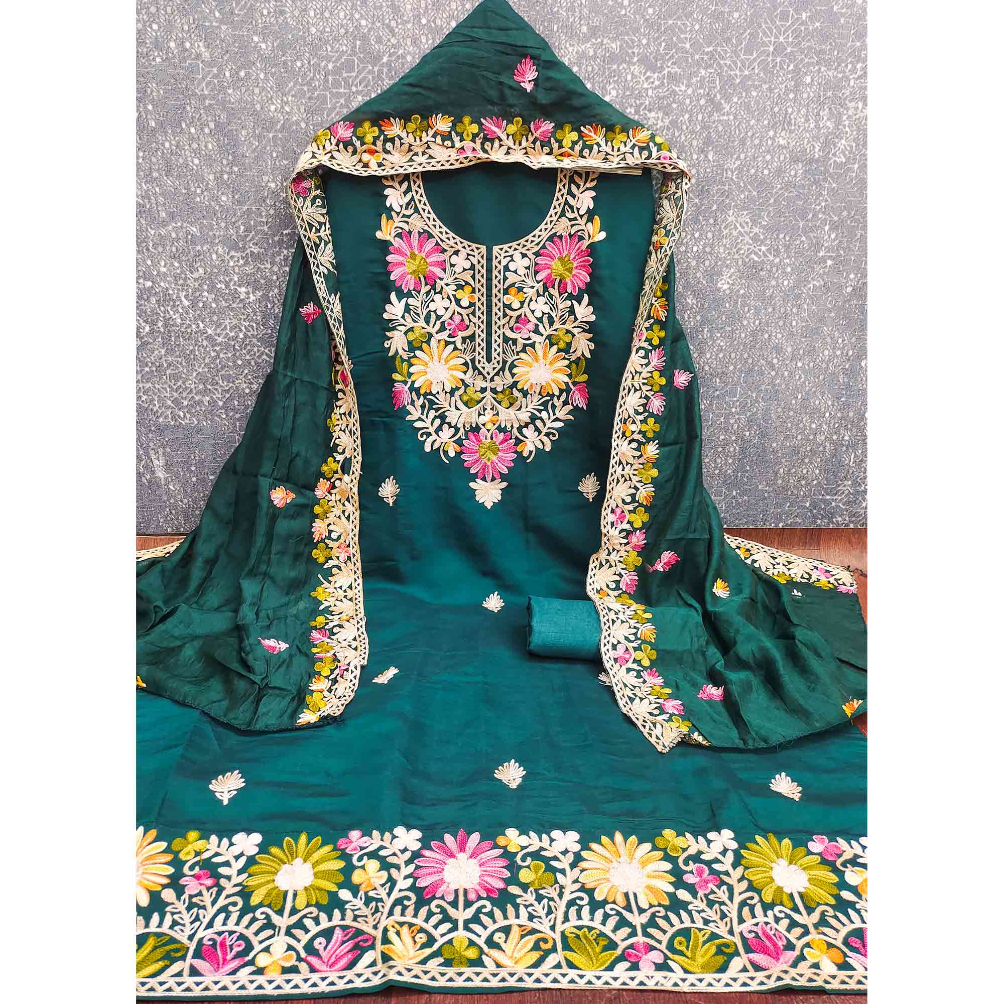 Teal Designer Roman Art Silk Dress Material Adorned With Floral Thread Embroidery Work - Image 4