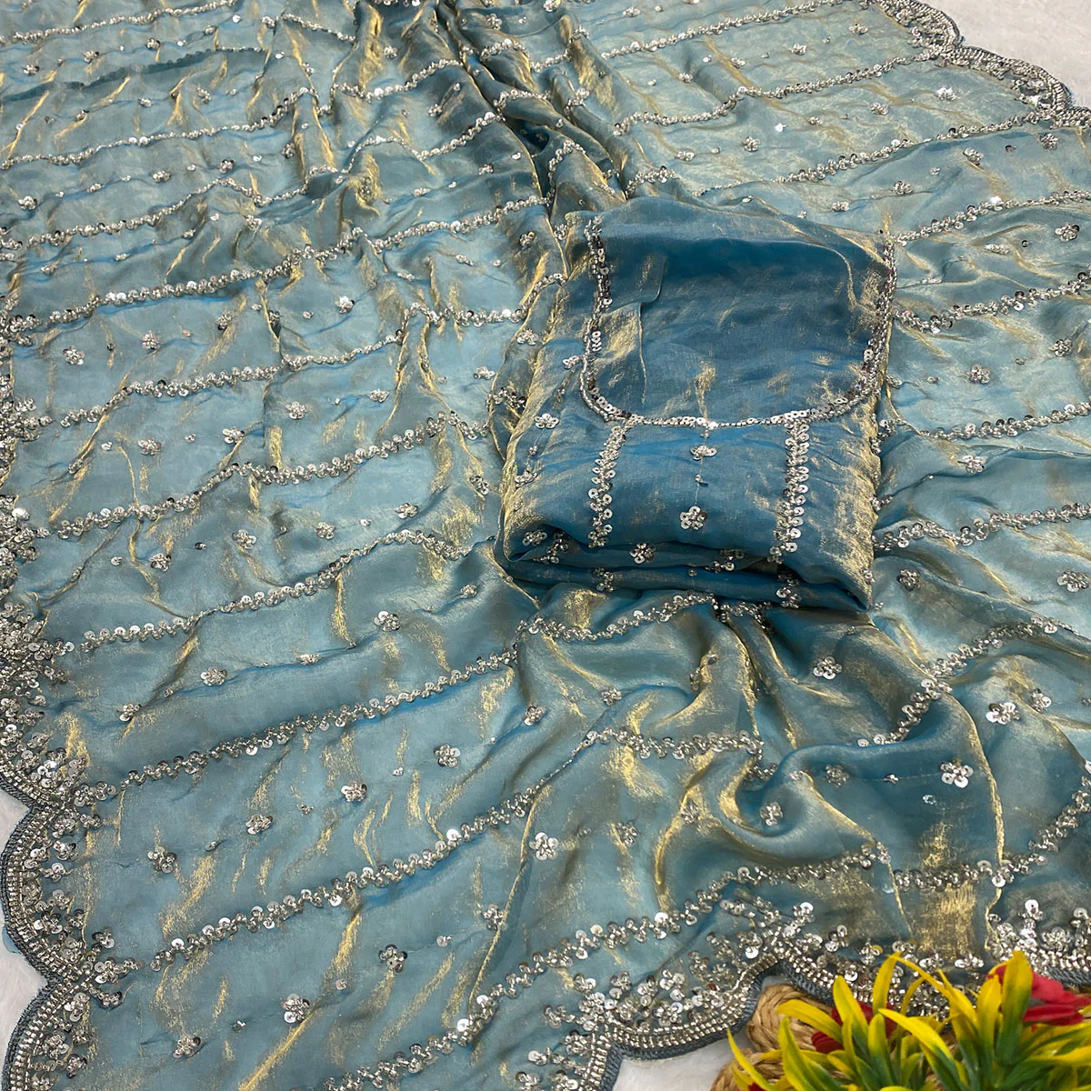 Teal Designer Satin Partywear Saree Enhanced with Sparkling Sequins Work - Image 2