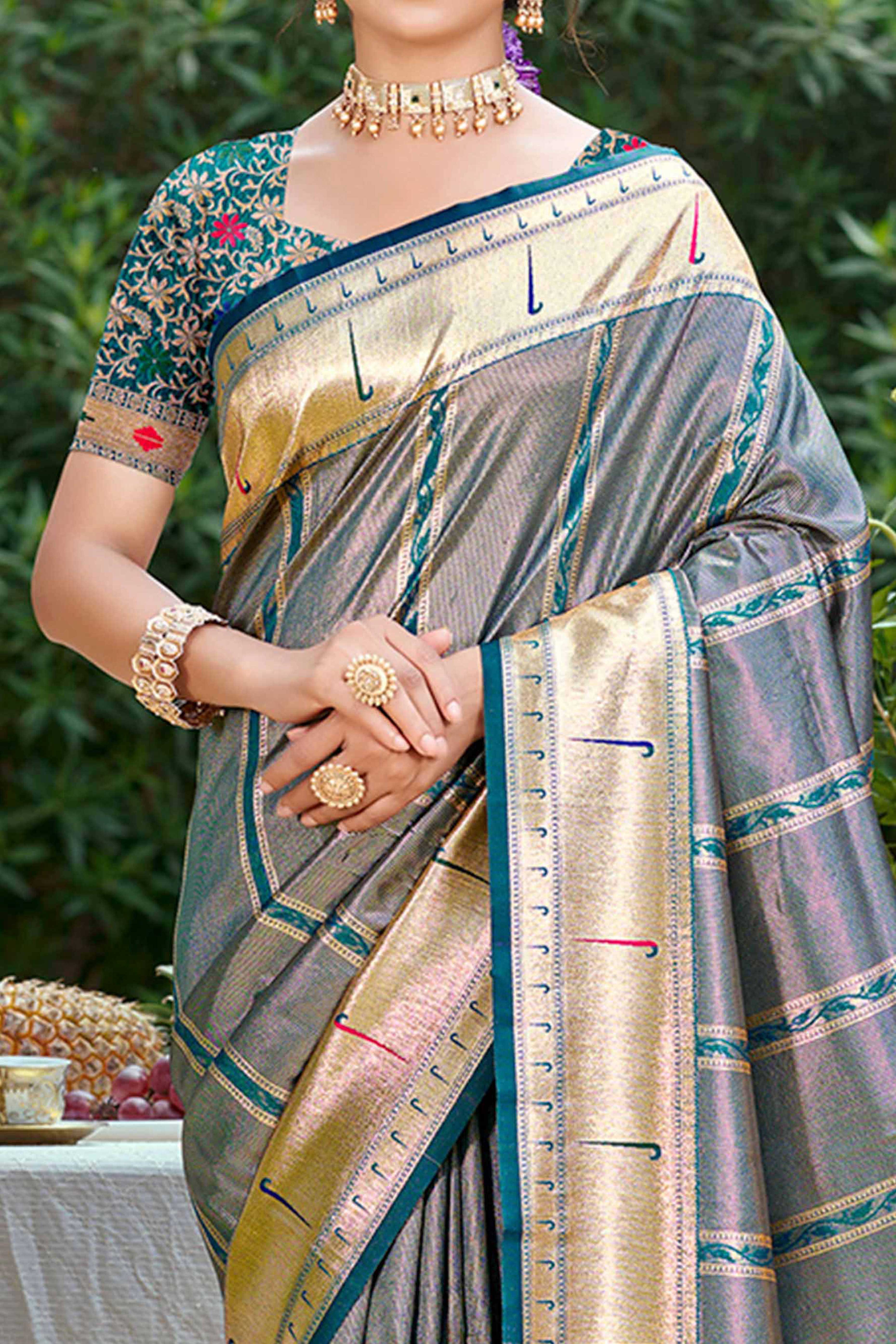 Teal Designer Weaving Silk Blend Saree Accented With Graceful Peacock & Floral Motif Pallu - Image 2