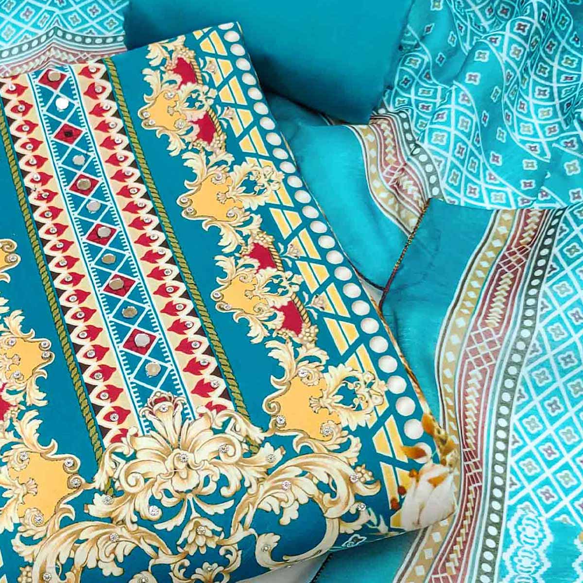 Teal Dress Material in Rayon with Delicate Floral Patterns - Image 2
