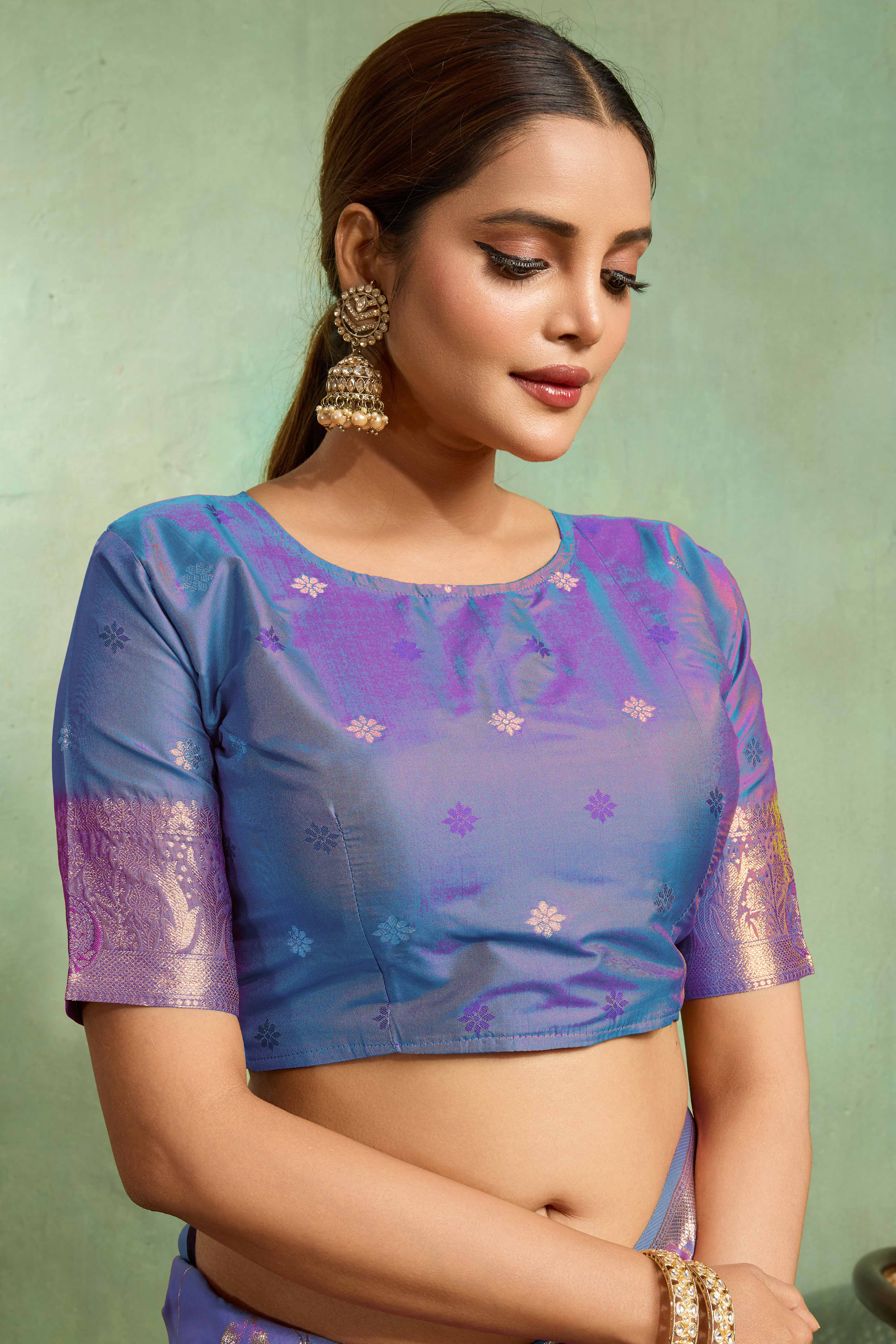 Teal Dual Tone Banarasi Silk Saree Accented with Meenakari Weaves - Image 5