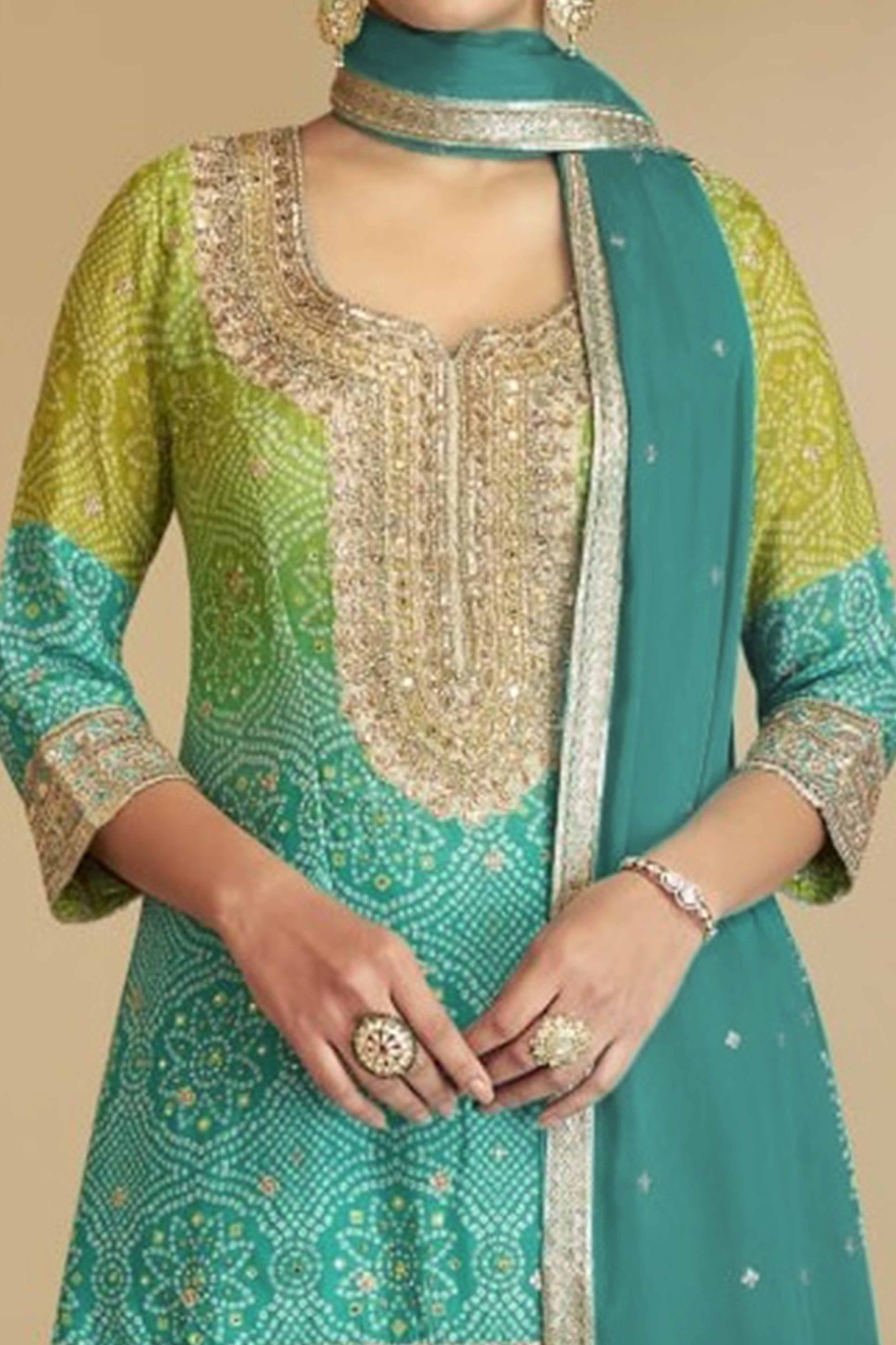 Teal Embroidered Chinon Palazzo Suit - Image 2