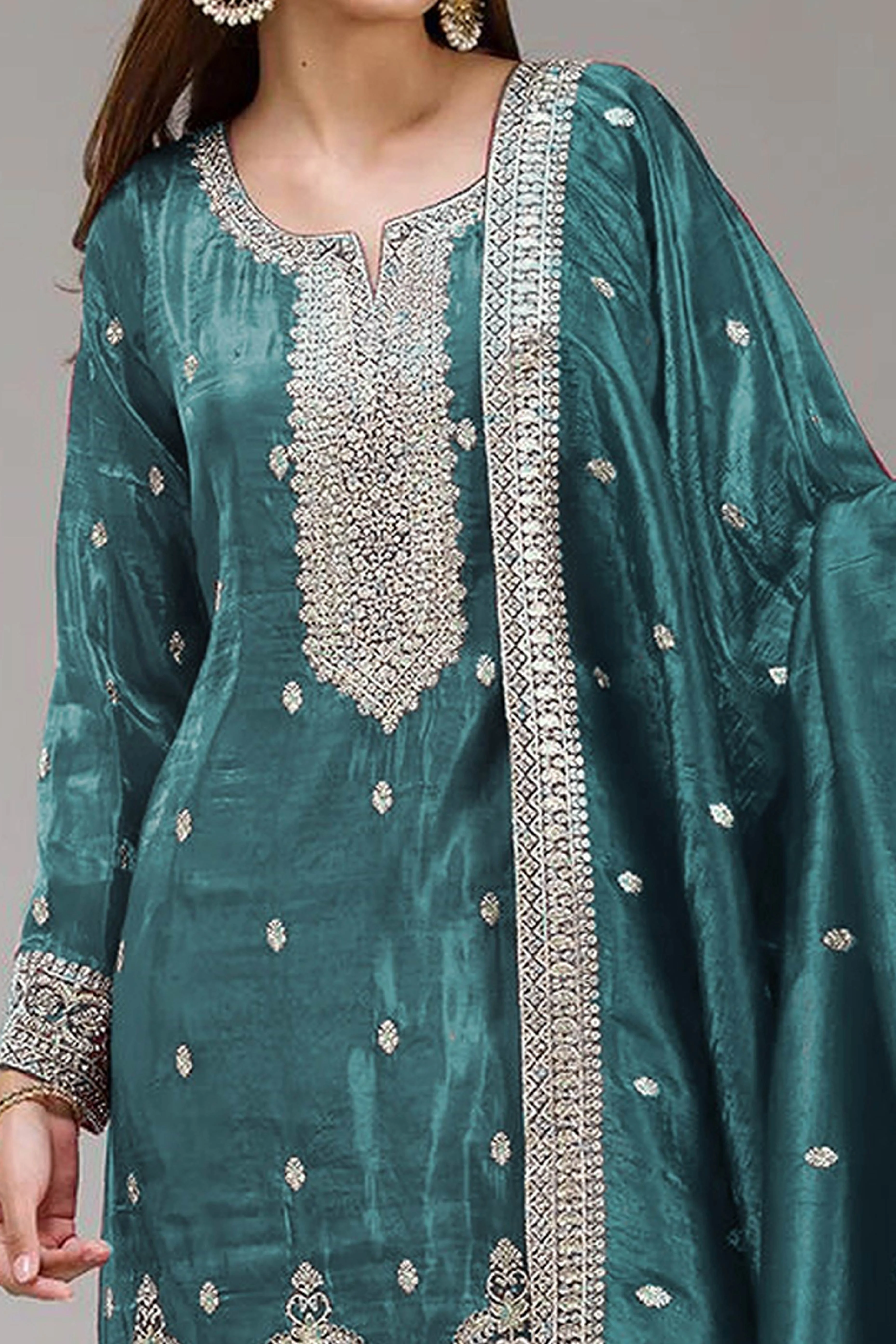 Teal Embroidered Georgette Palazzo Style Semi-Stitched Salwar Suit for Graceful Occasions - Image 2