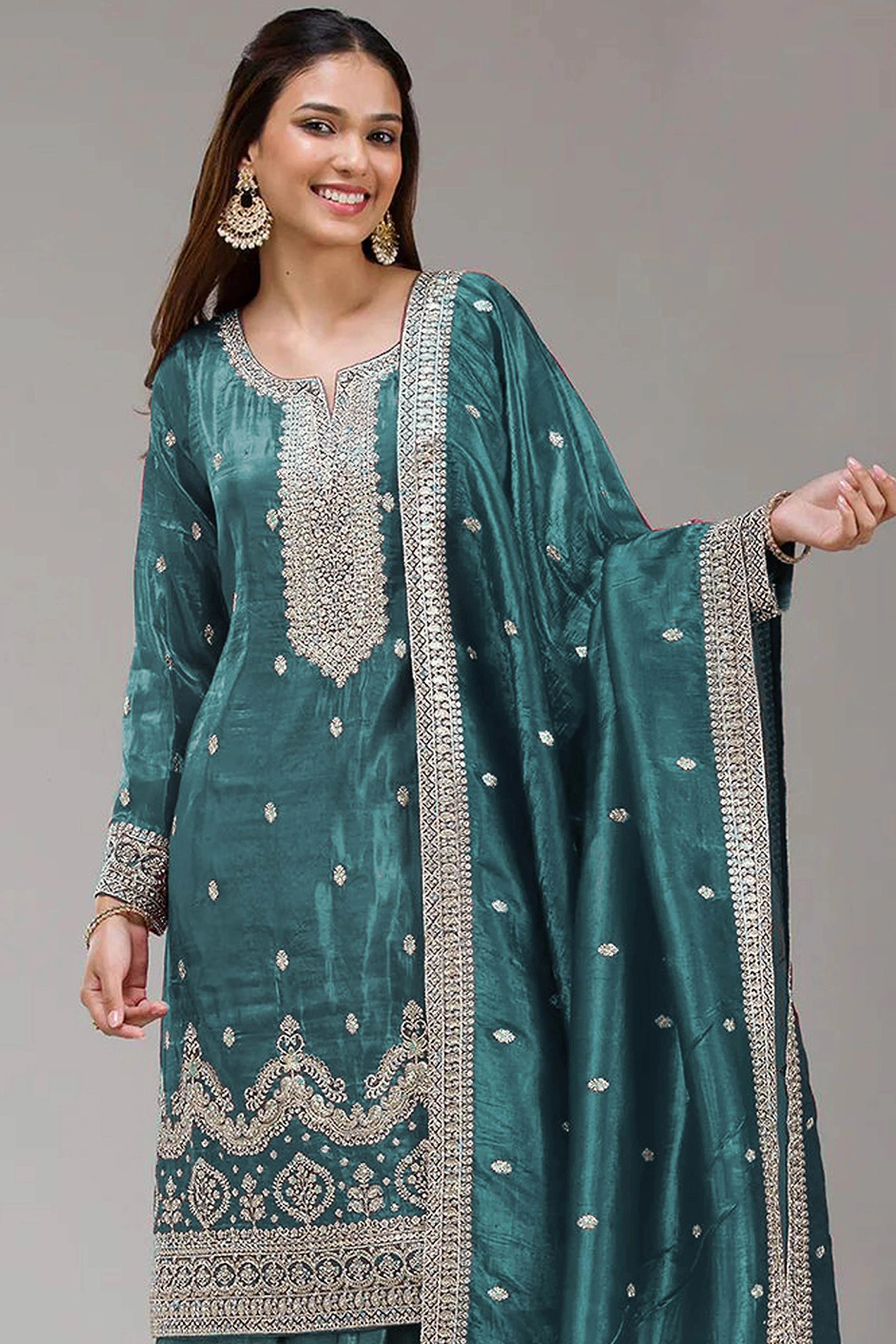 Teal Embroidered Georgette Palazzo Style Semi-Stitched Salwar Suit for Graceful Occasions - Image 3
