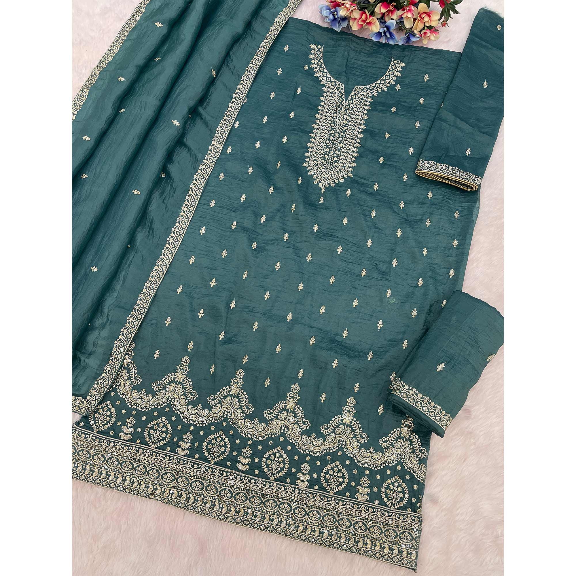Teal Embroidered Georgette Palazzo Style Semi-Stitched Salwar Suit for Graceful Occasions - Image 4