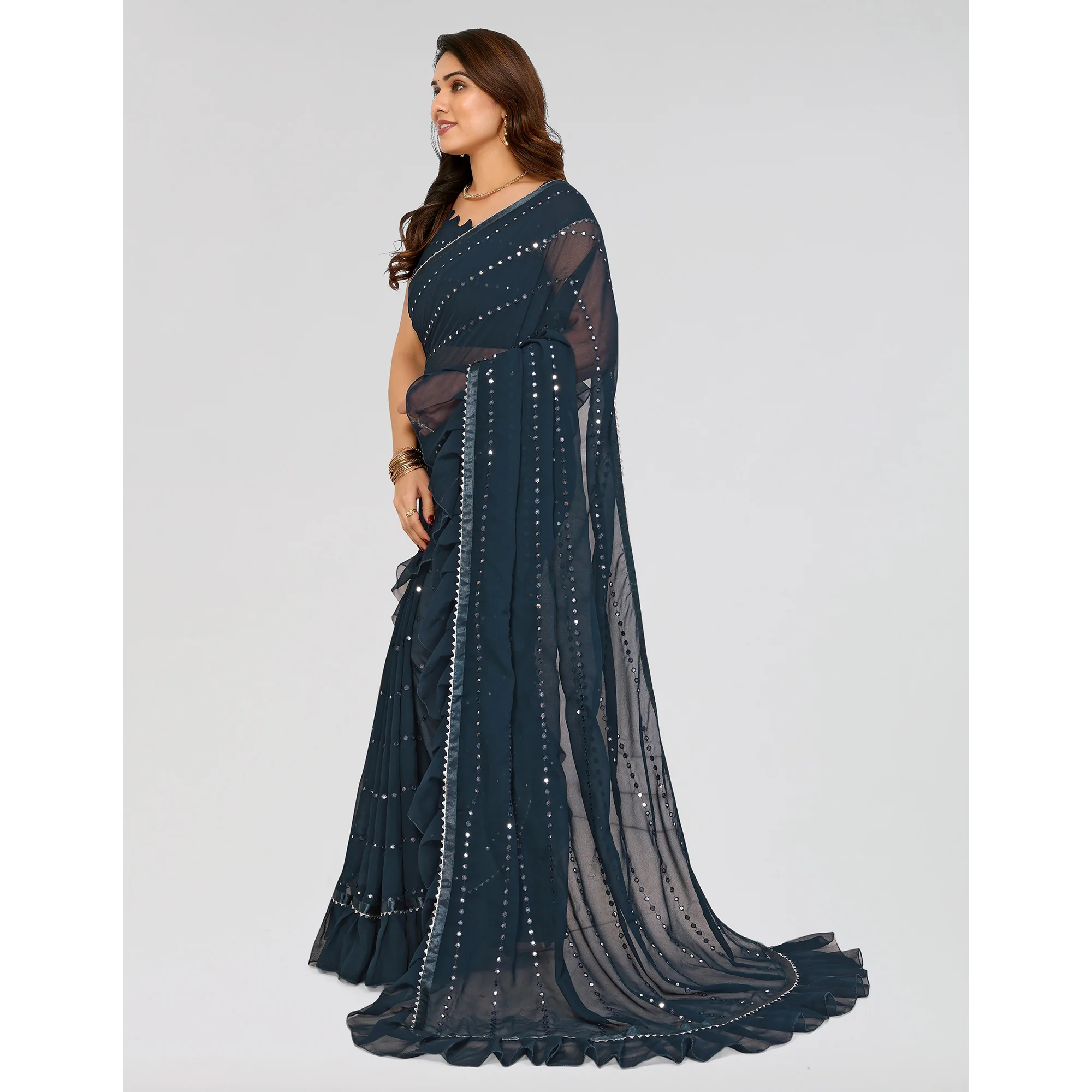Teal Embroidered Georgette Ruffle Saree - Image 4