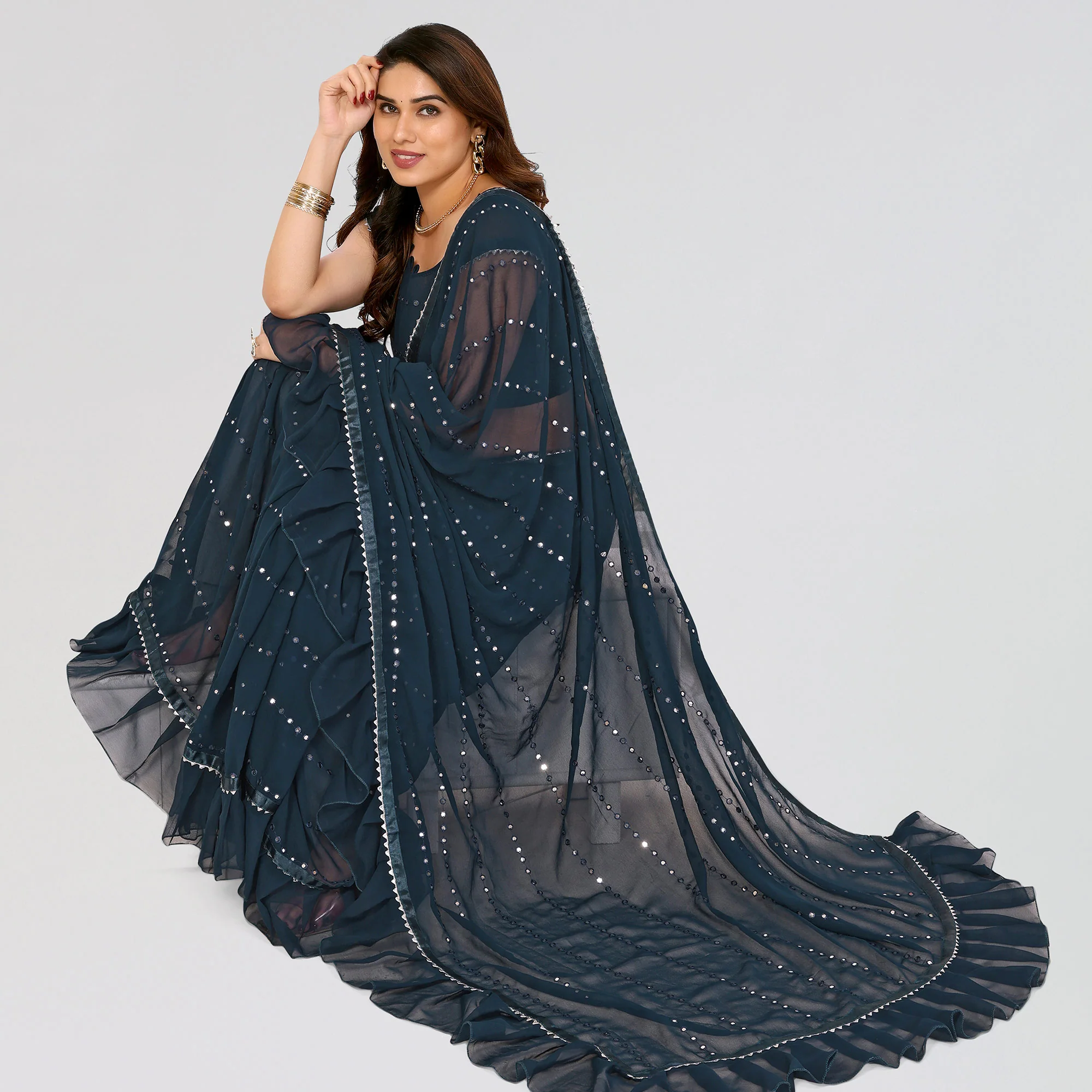 Teal Embroidered Georgette Ruffle Saree - Image 5