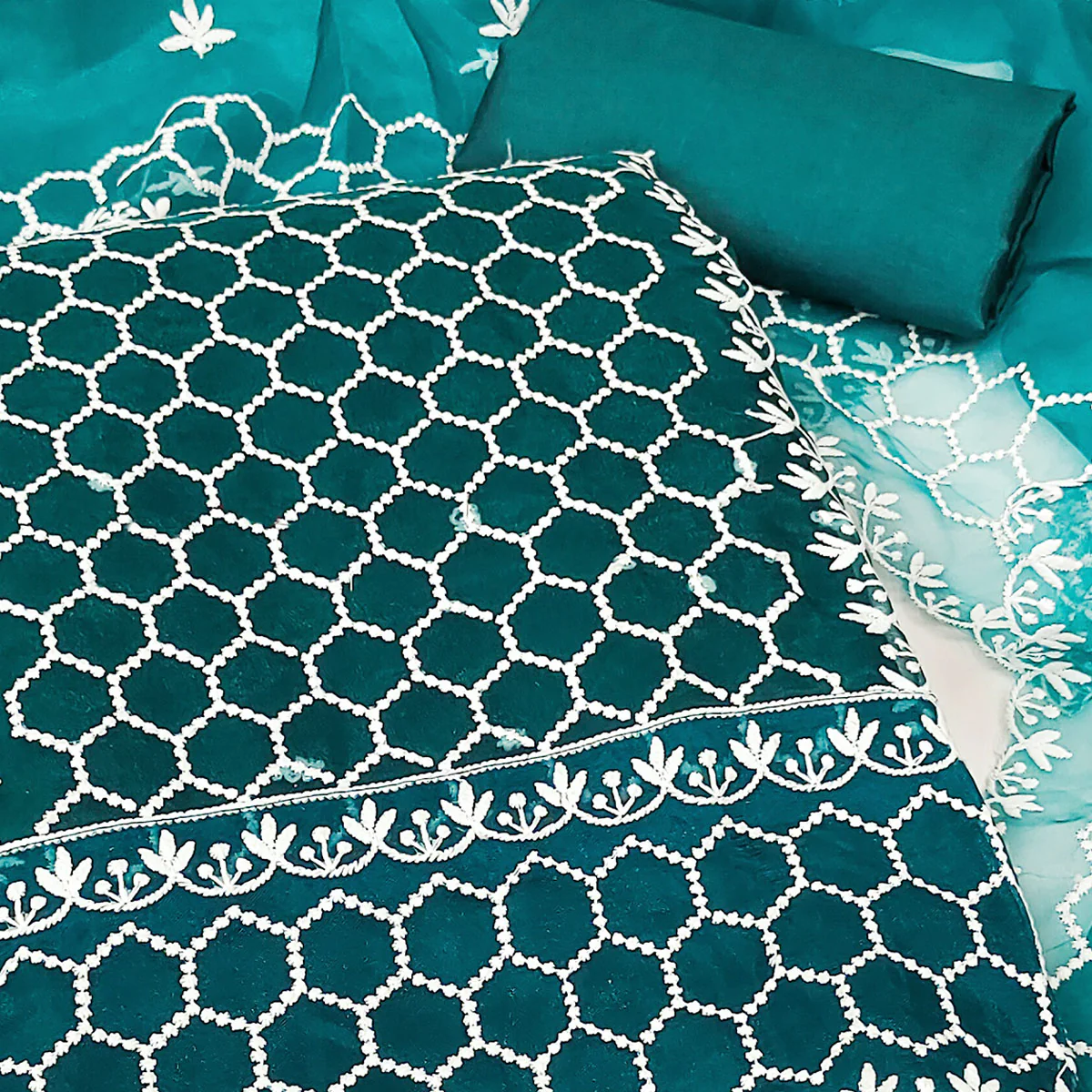 Teal Embroidered Organza Dress Material - Image 2
