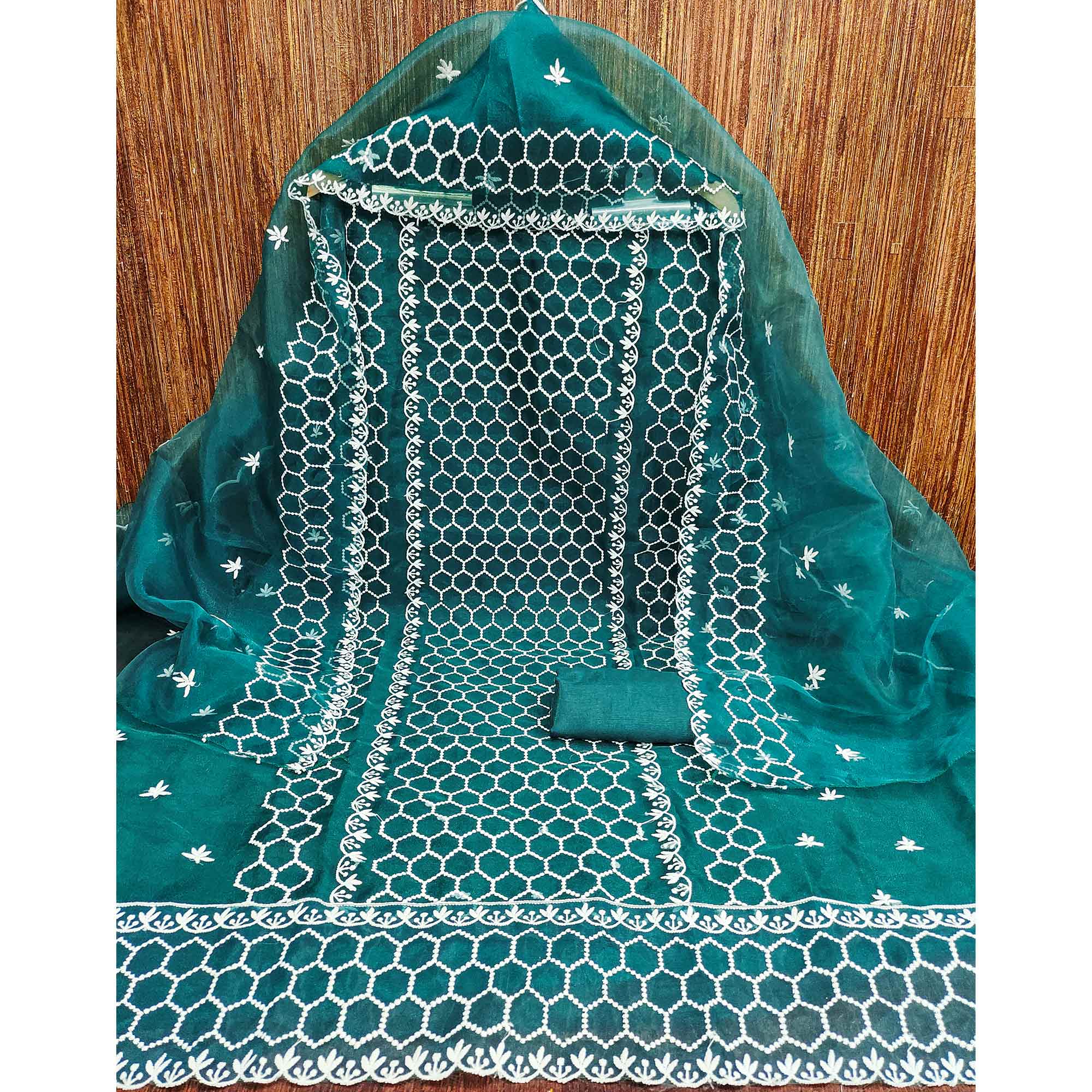 Teal Embroidered Organza Dress Material - Image 3