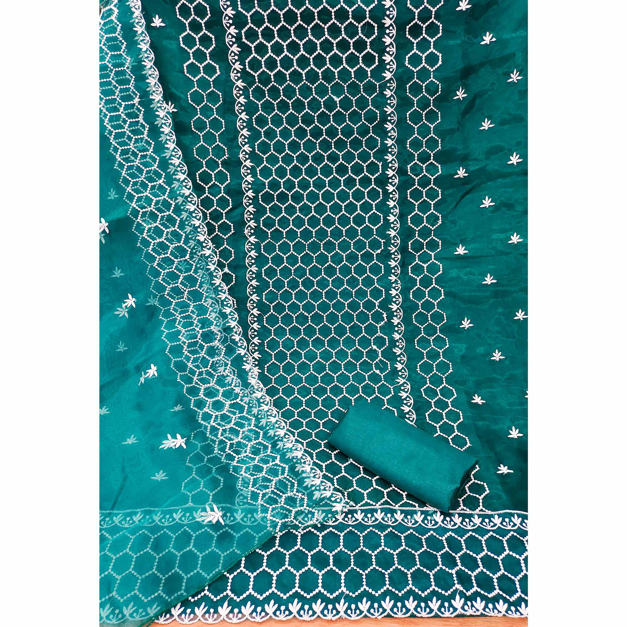 Teal Embroidered Organza Dress Material - Image 4