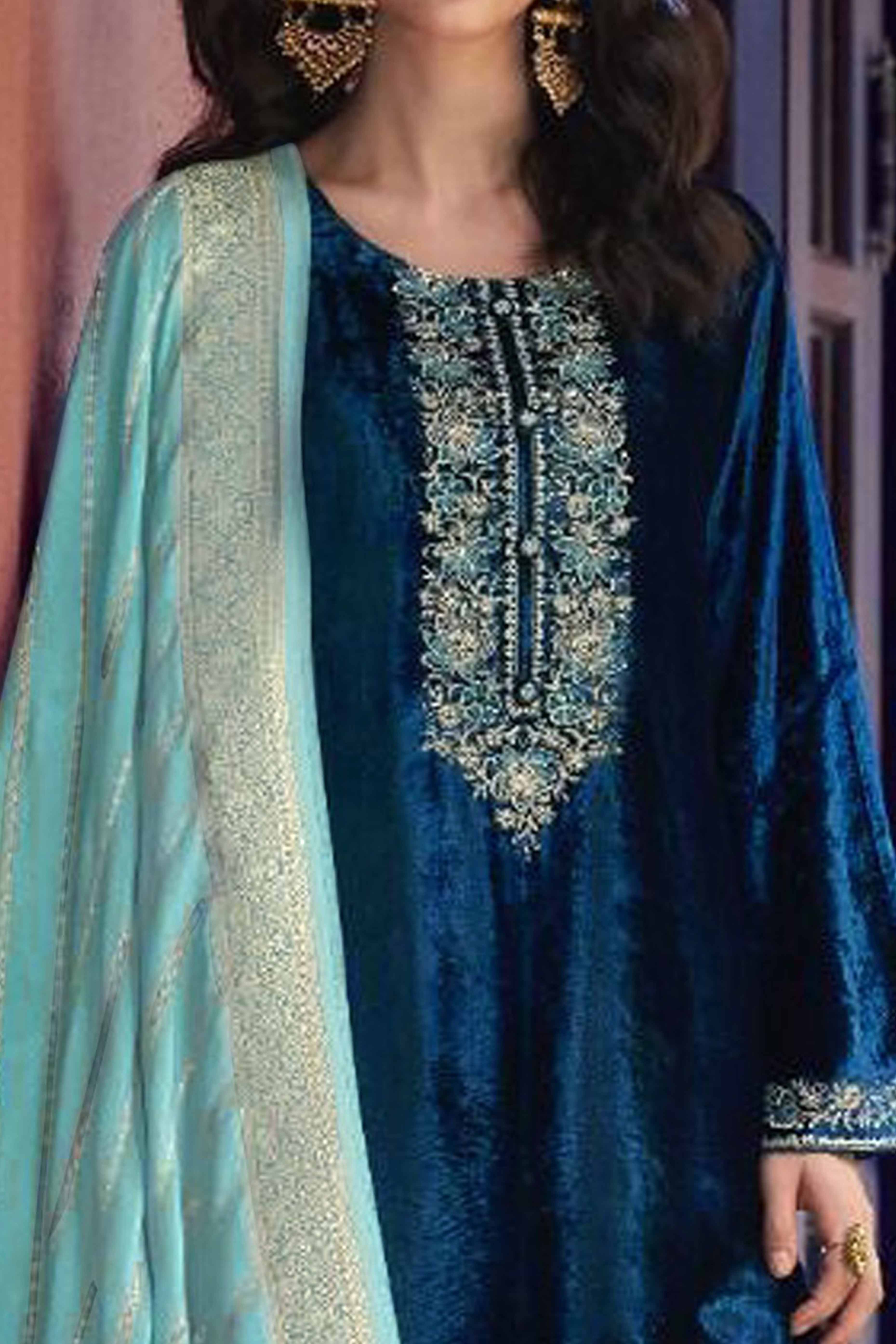 Teal Embroidered Velvet Semi-Stitched Salwar Suit - Image 2