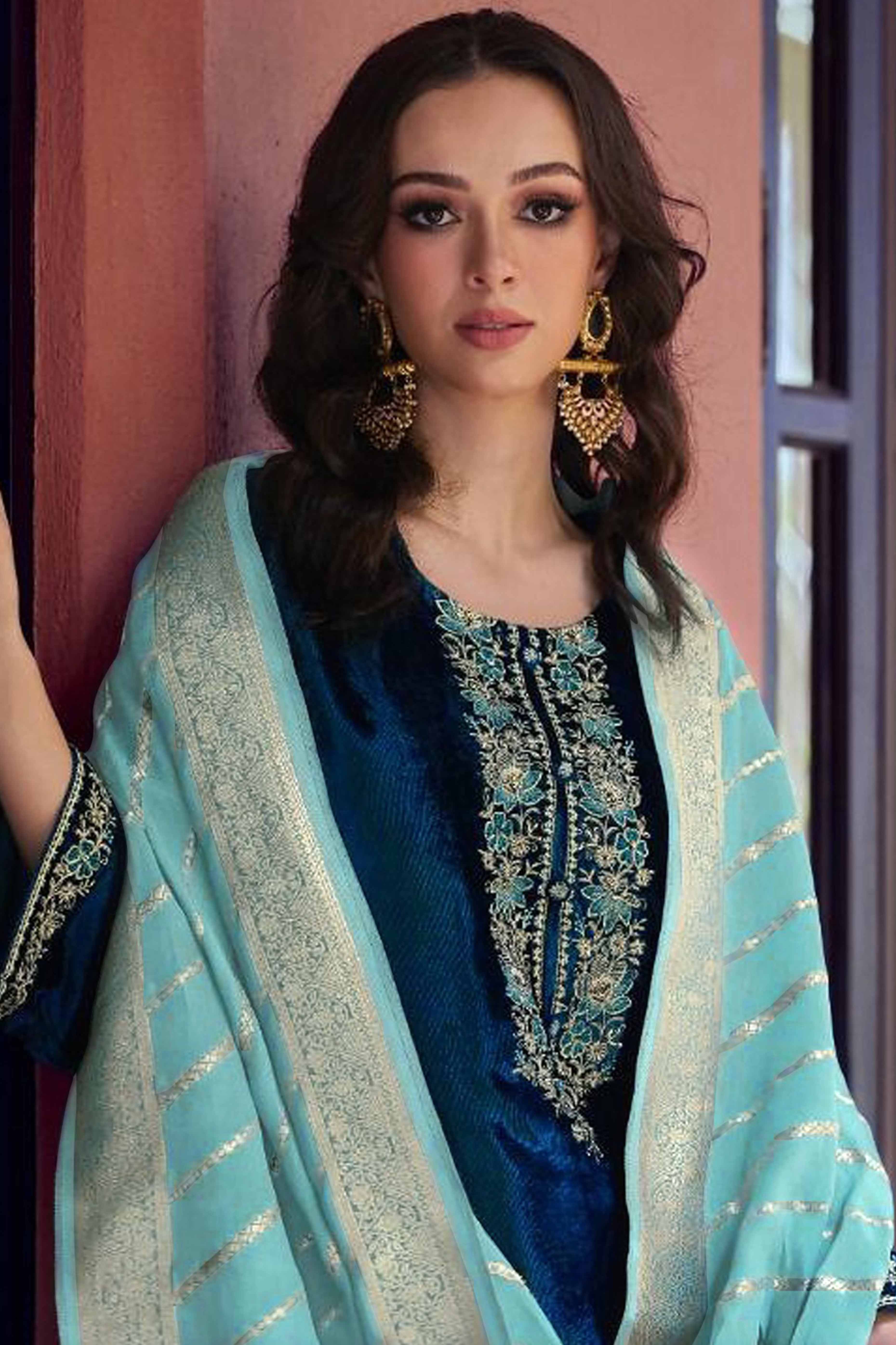 Teal Embroidered Velvet Semi-Stitched Salwar Suit - Image 3