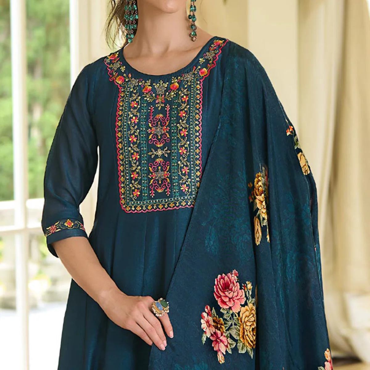 Teal Embroidered Vichitra Silk Anarkali Salwar Suit - Image 3