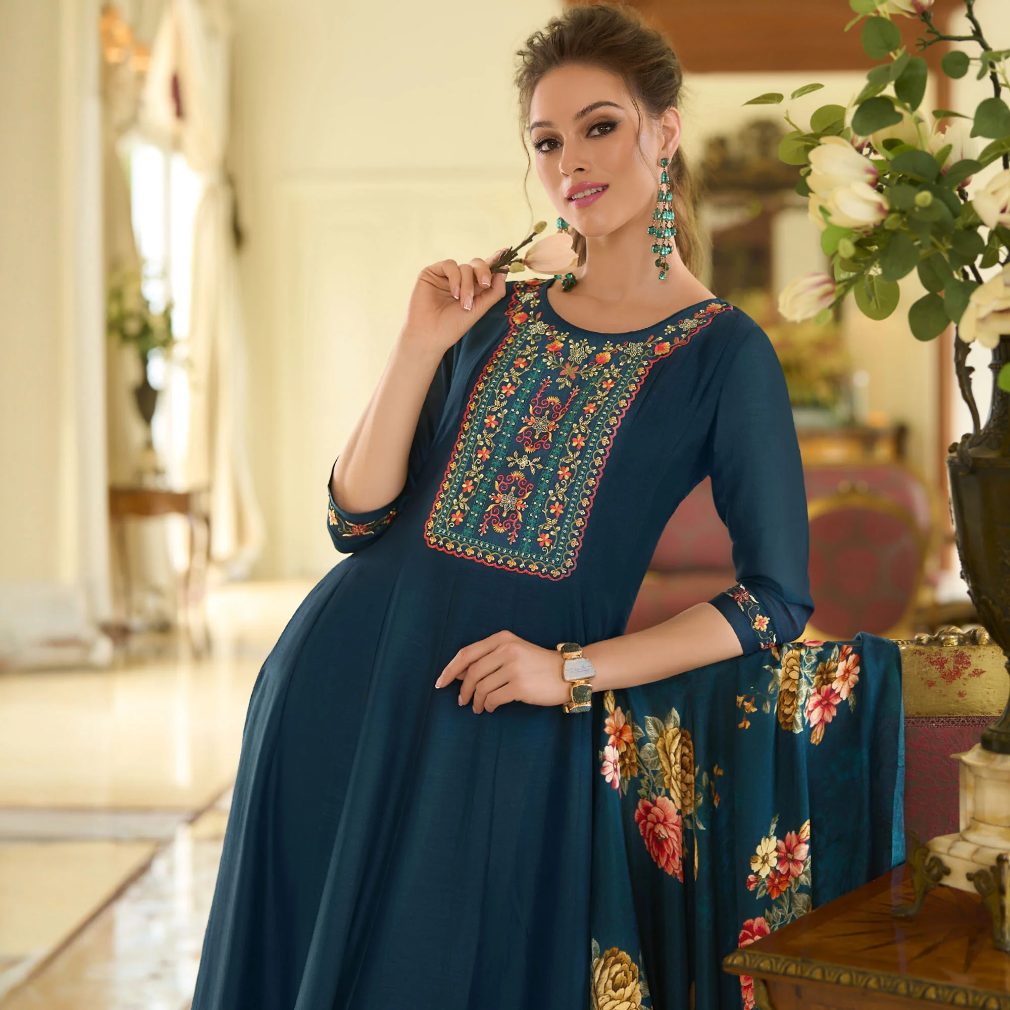 Teal Embroidered Vichitra Silk Anarkali Salwar Suit - Image 4