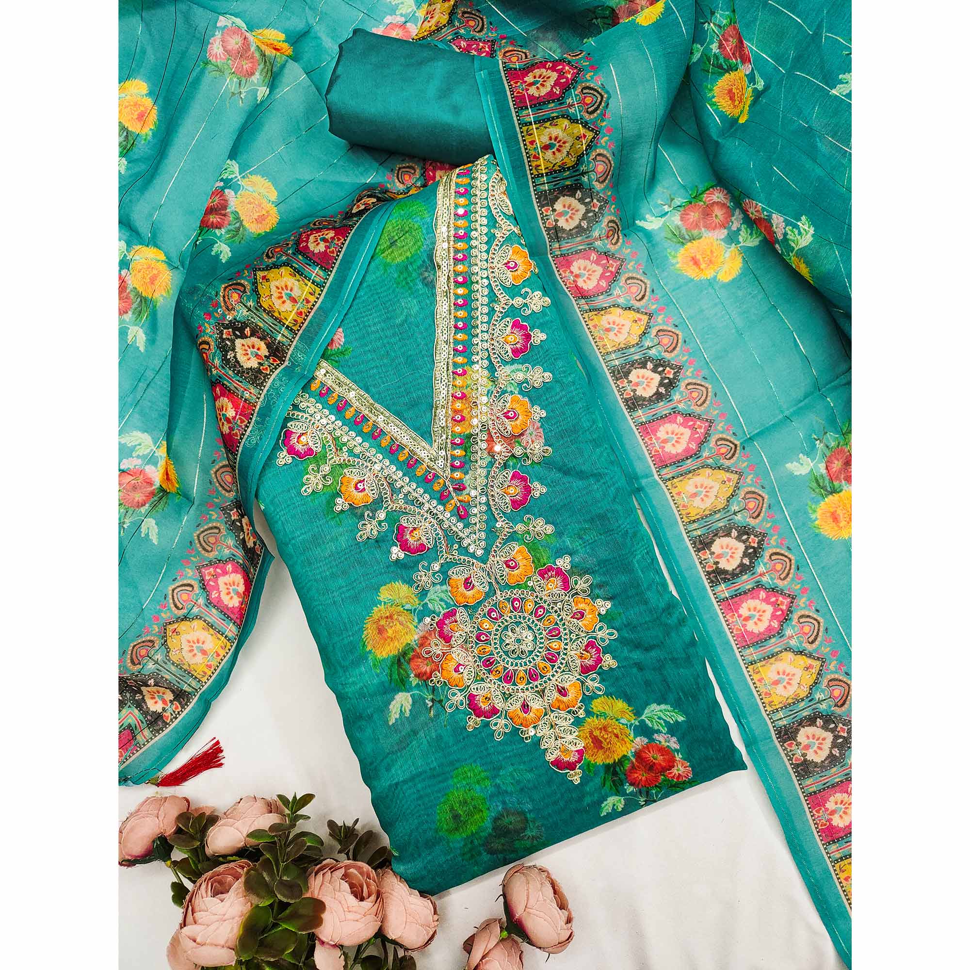 Teal Floral Digital Print Dress Material With Sequins & Cording Embroidery On Chanderi Silk - Image 3