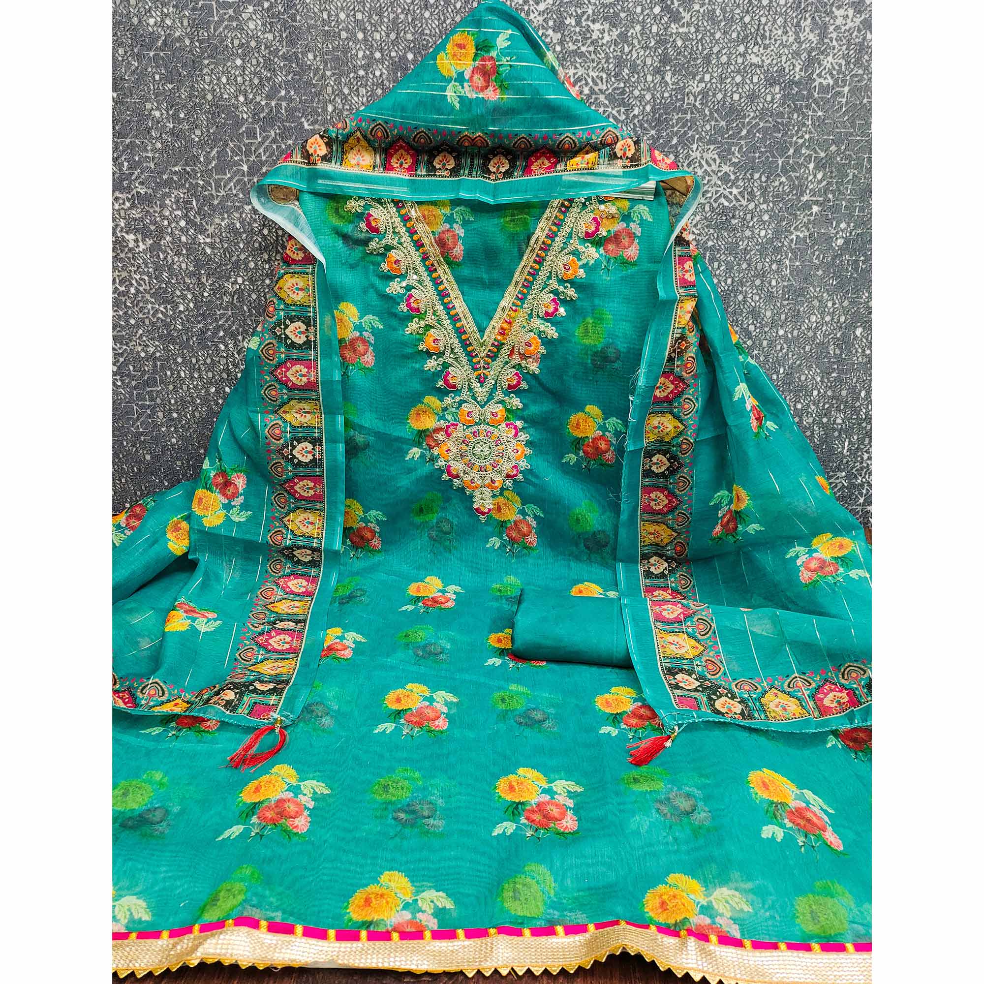 Teal Floral Digital Print Dress Material With Sequins & Cording Embroidery On Chanderi Silk - Image 4