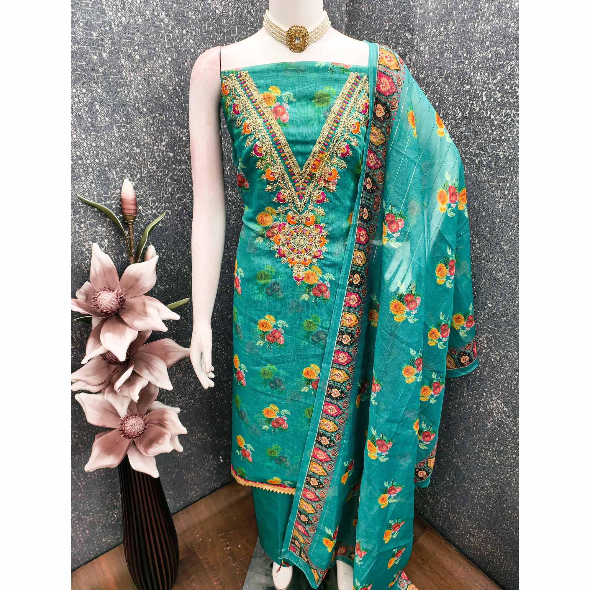 Teal Floral Digital Print Dress Material With Sequins & Cording Embroidery On Chanderi Silk - Image 5