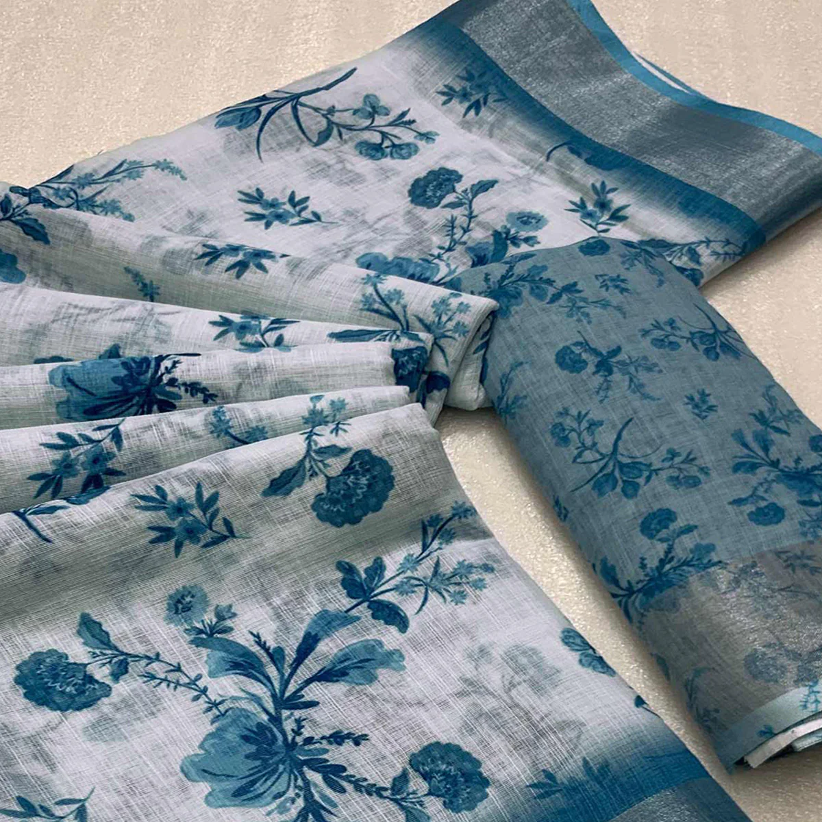 Teal Floral Digital Printed Linen Saree - Image 2
