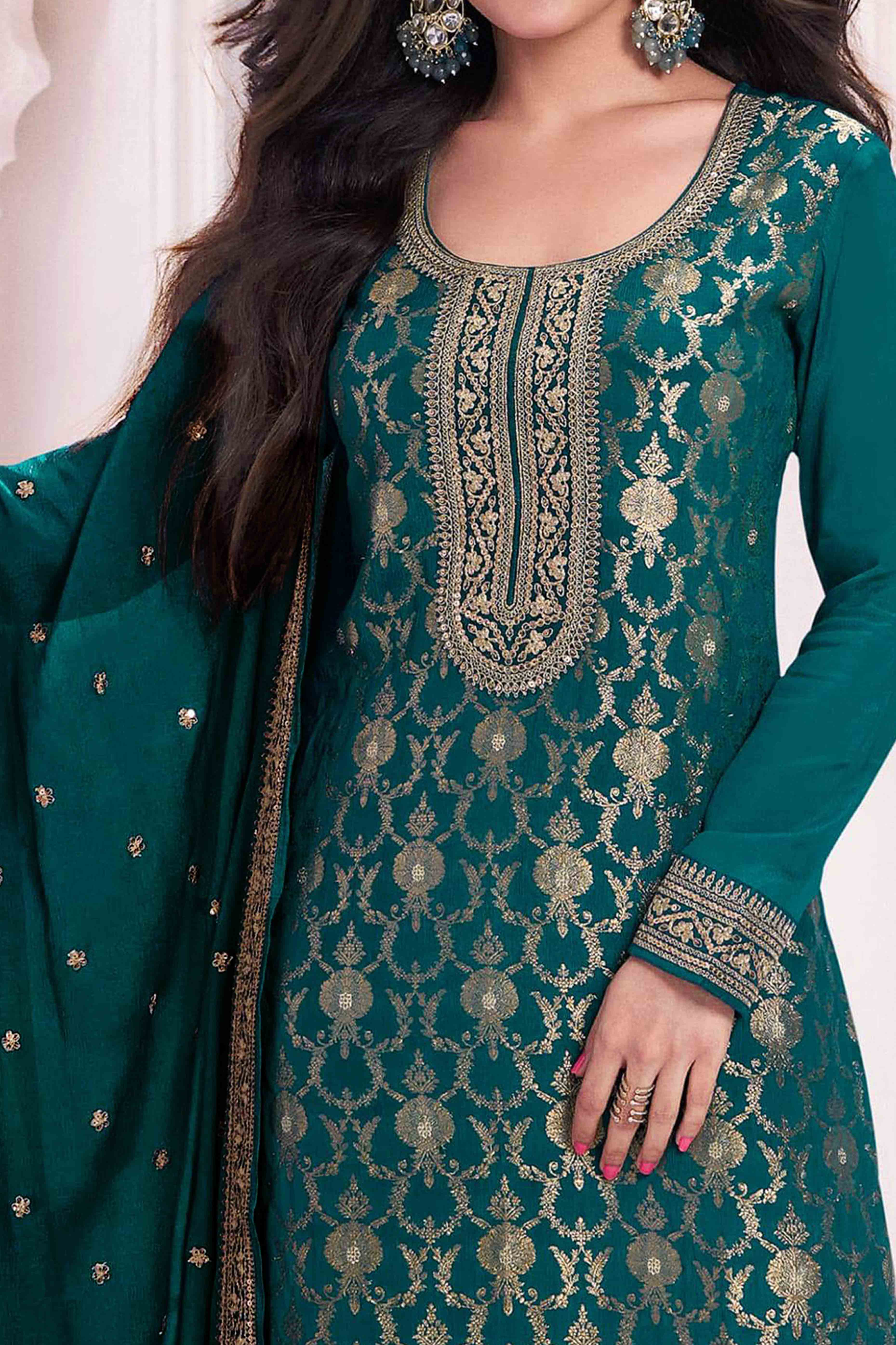 Teal Floral Embroidered Jacquard Viscose Semi Stitched Suit - Image 2