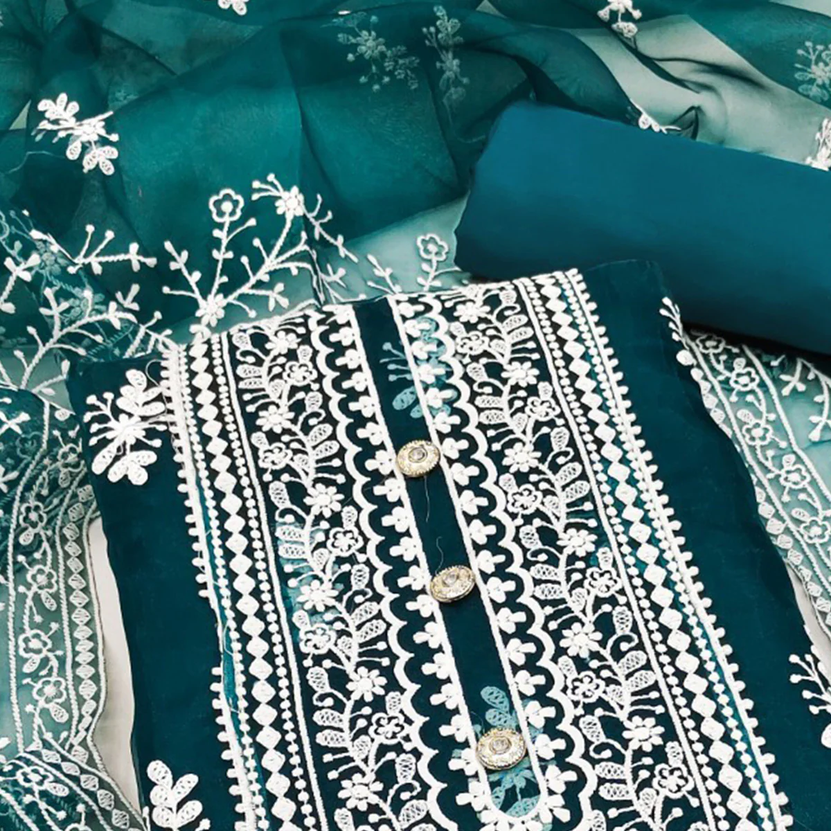 Teal Floral Embroidered Organza Dress Material - Image 2