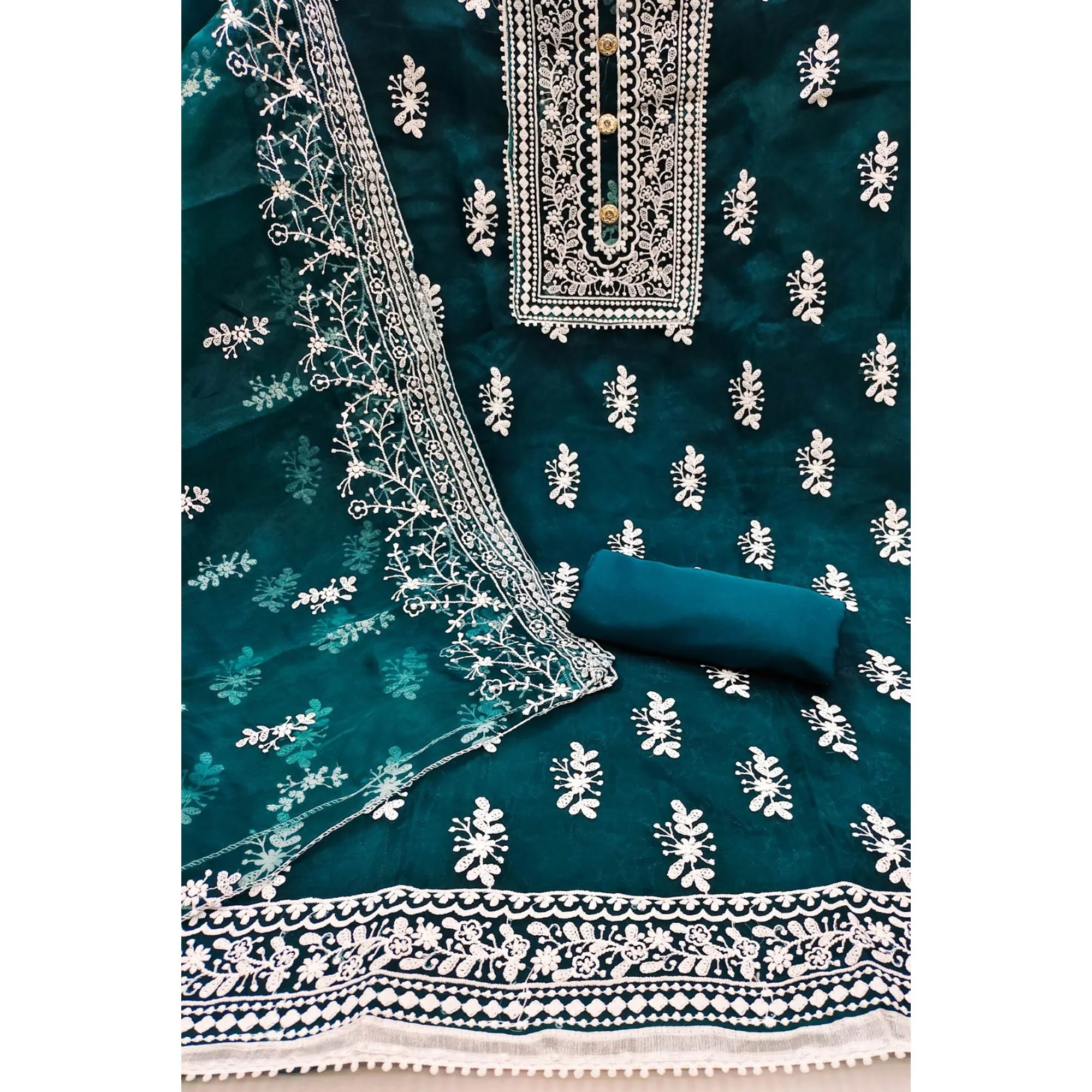 Teal Floral Embroidered Organza Dress Material - Image 3