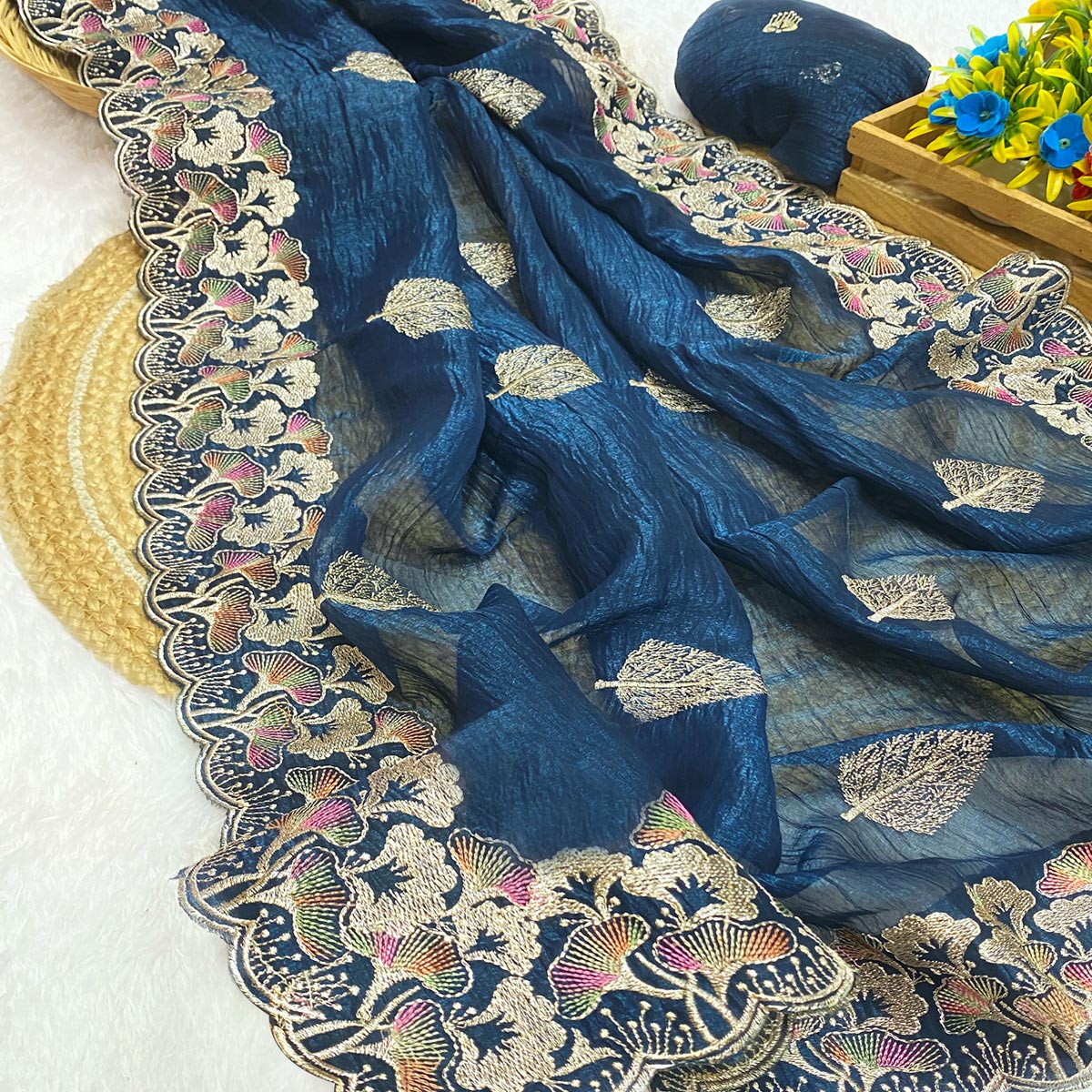 Teal Floral Embroidered Saree in Crunchy Silk Blend - Image 2