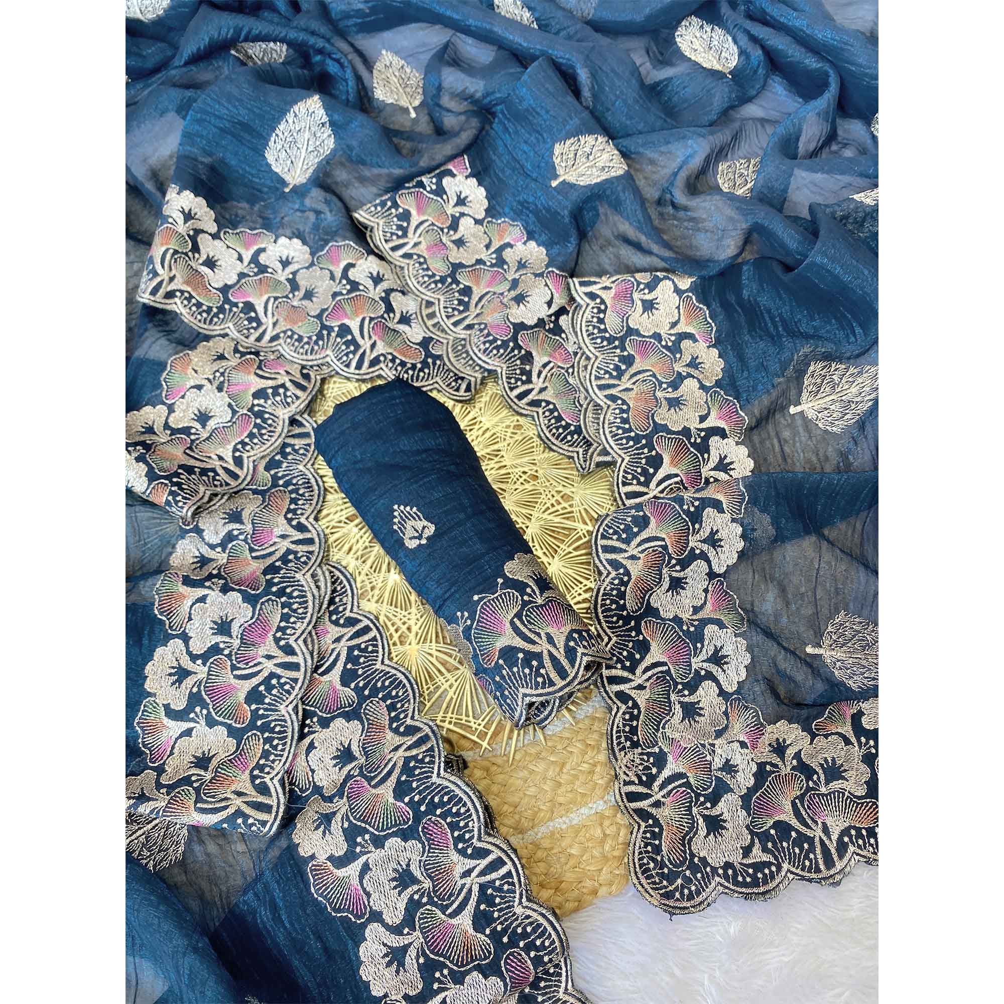 Teal Floral Embroidered Saree in Crunchy Silk Blend - Image 3