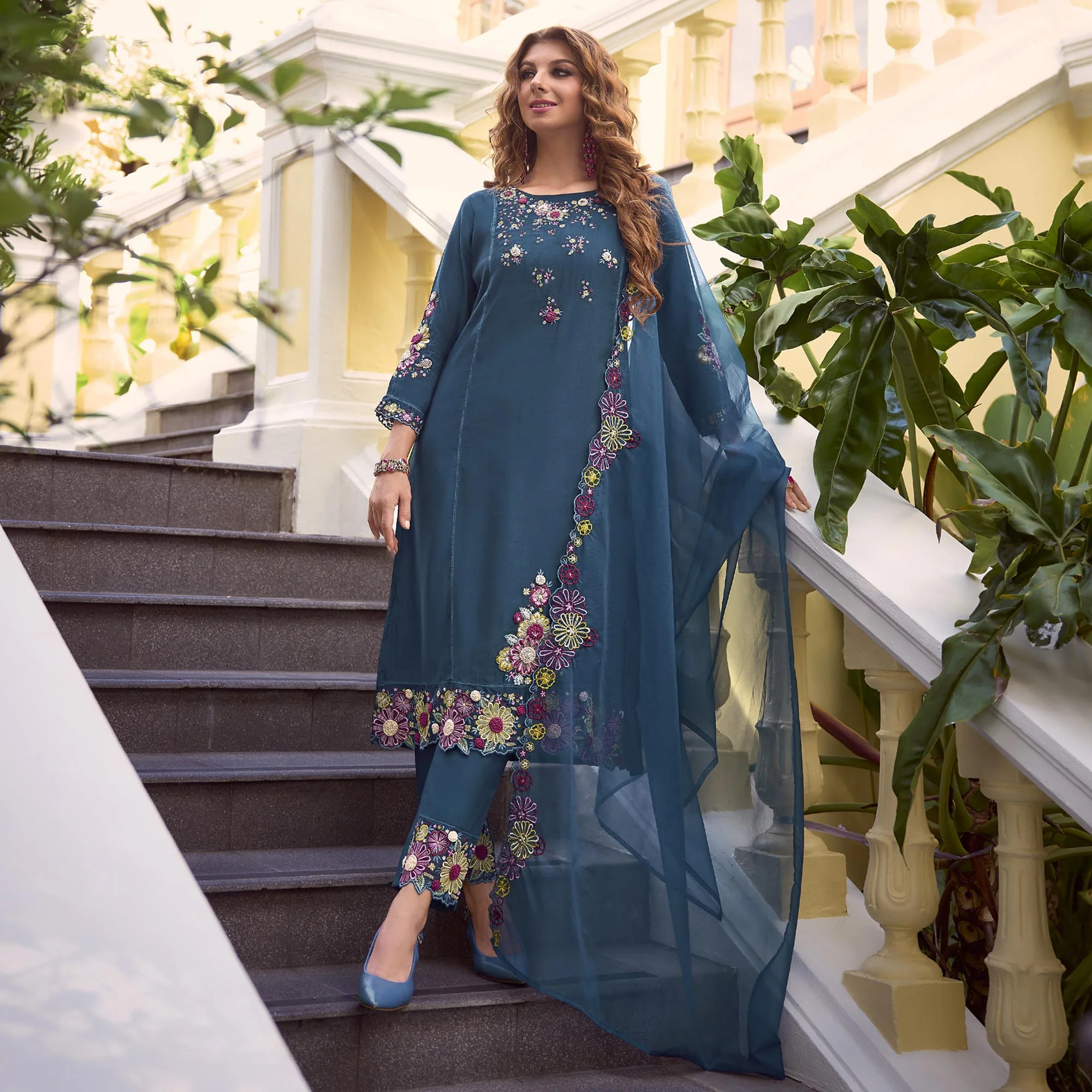Teal Floral Handwork Embroidered Viscose Salwar Suit - Image 3