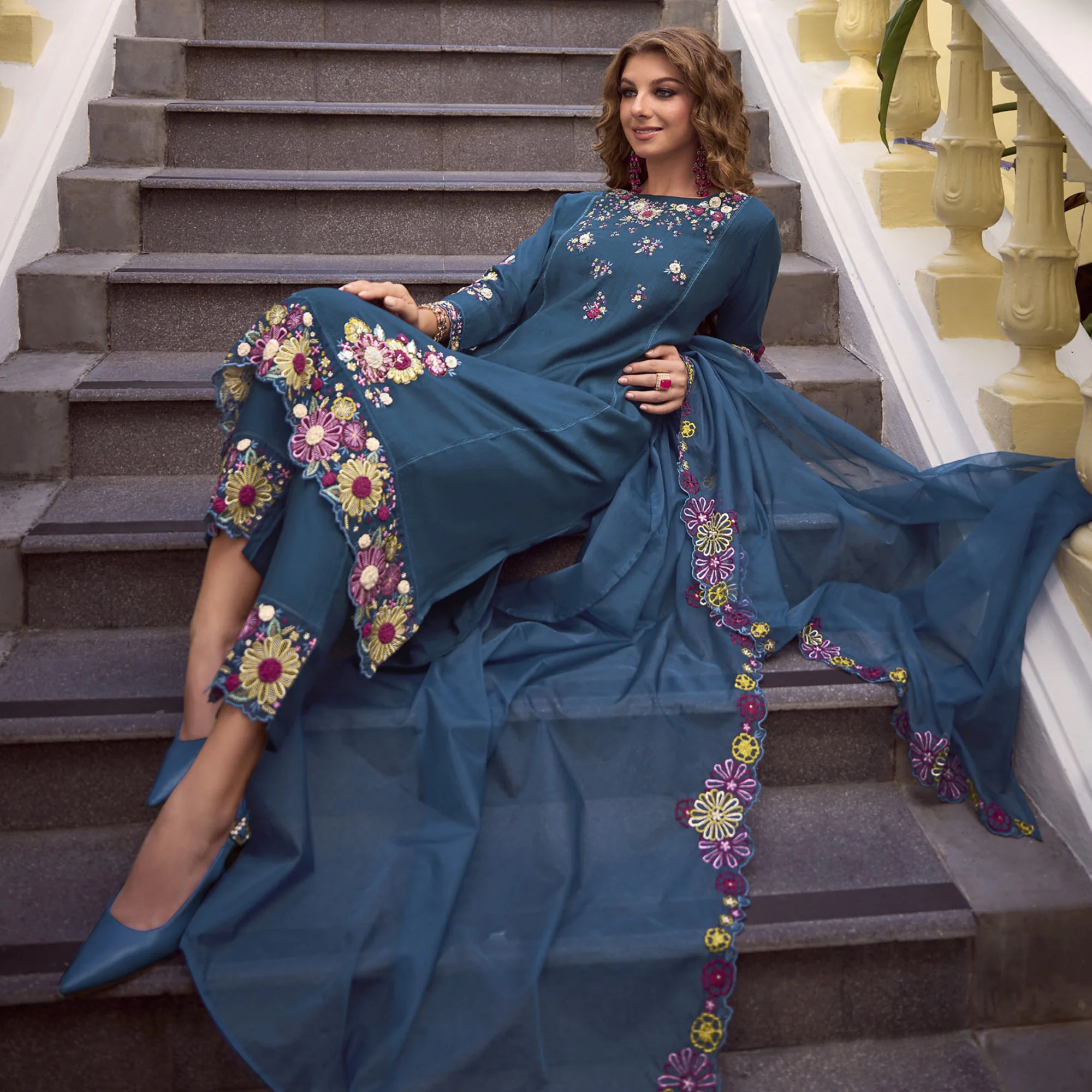 Teal Floral Handwork Embroidered Viscose Salwar Suit - Image 4