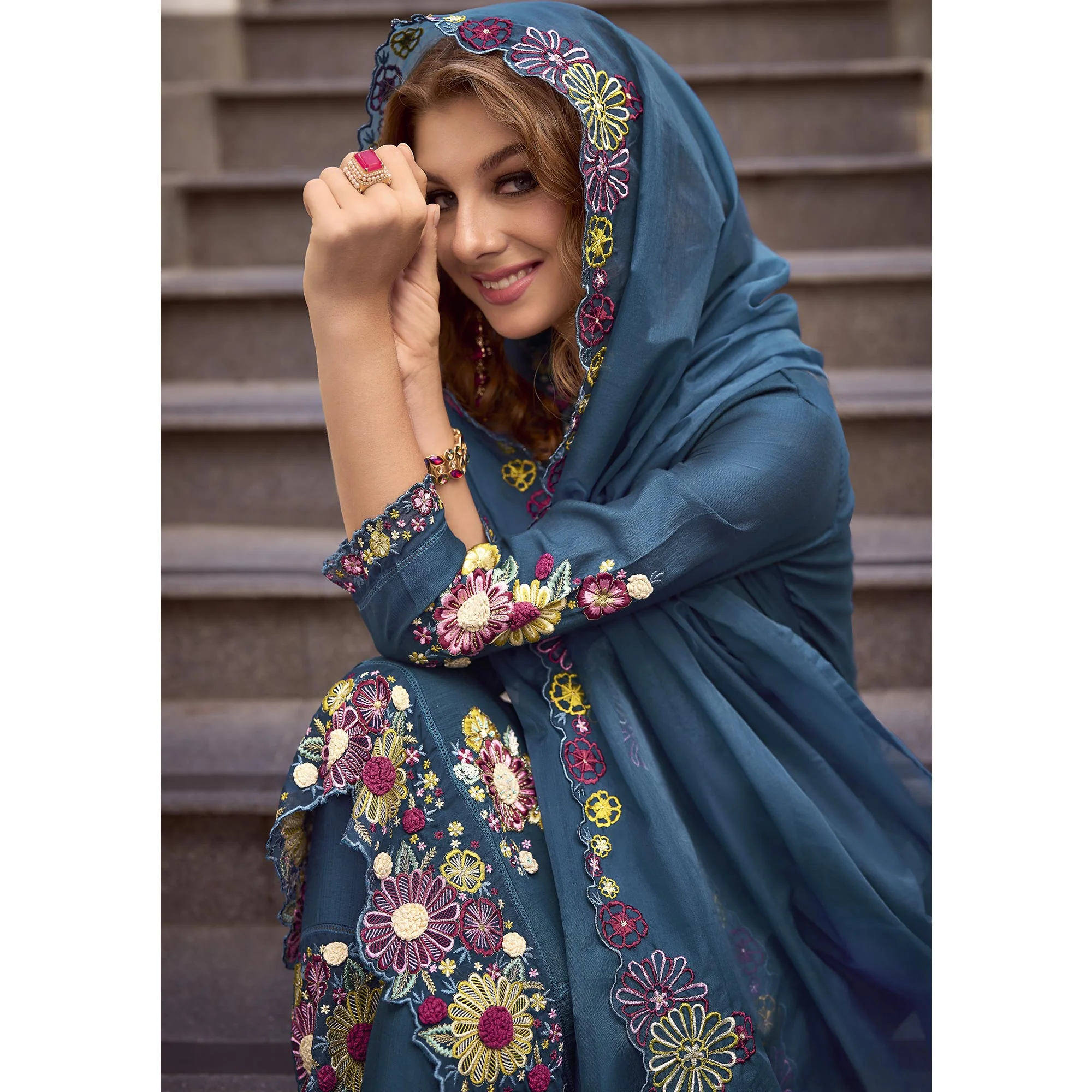 Teal Floral Handwork Embroidered Viscose Salwar Suit - Image 5