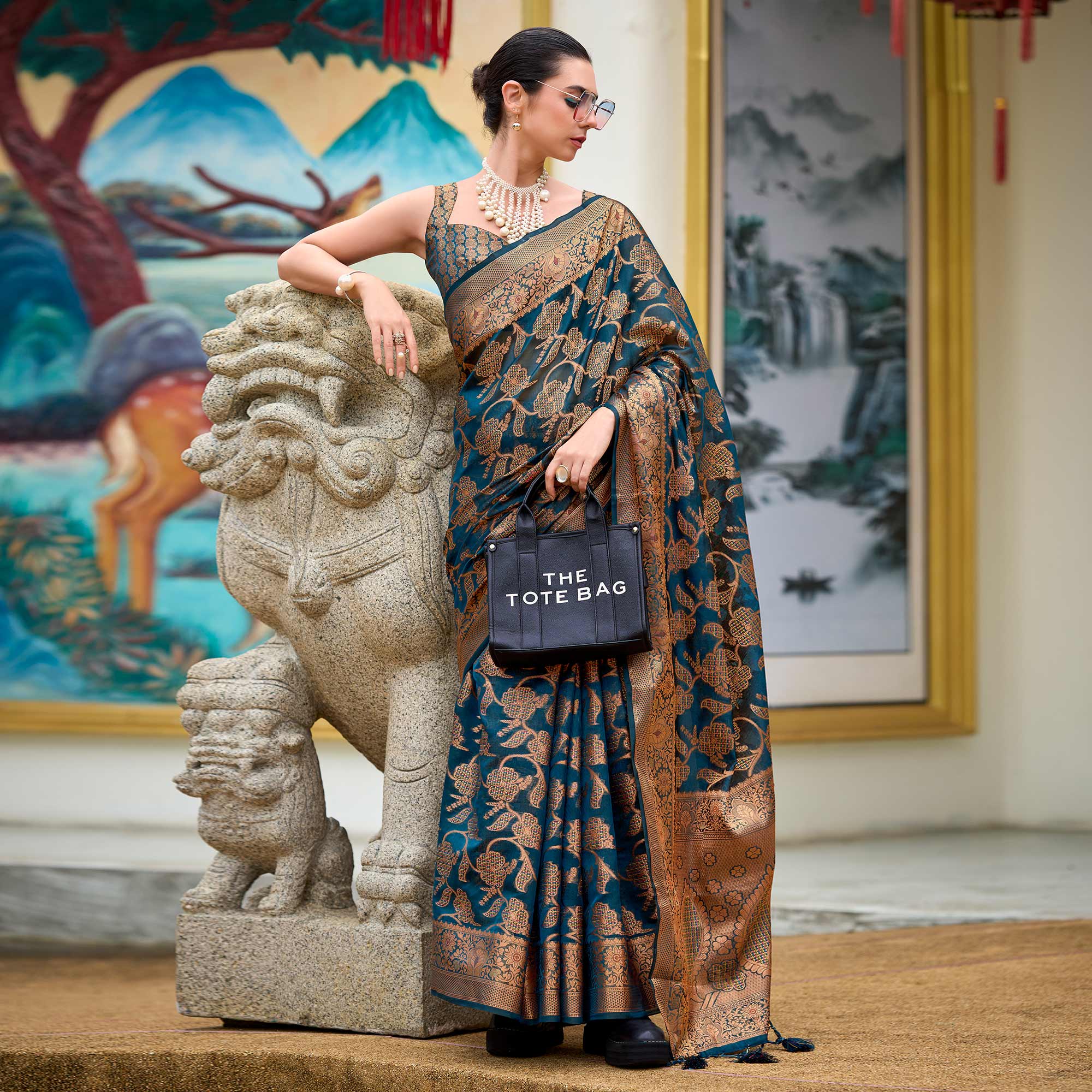 Teal Floral Motifs Woven Organza Saree - Image 2
