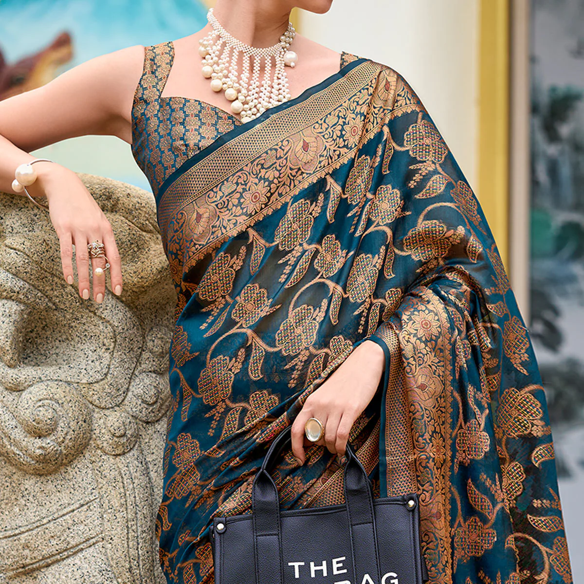 Teal Floral Motifs Woven Organza Saree - Image 3