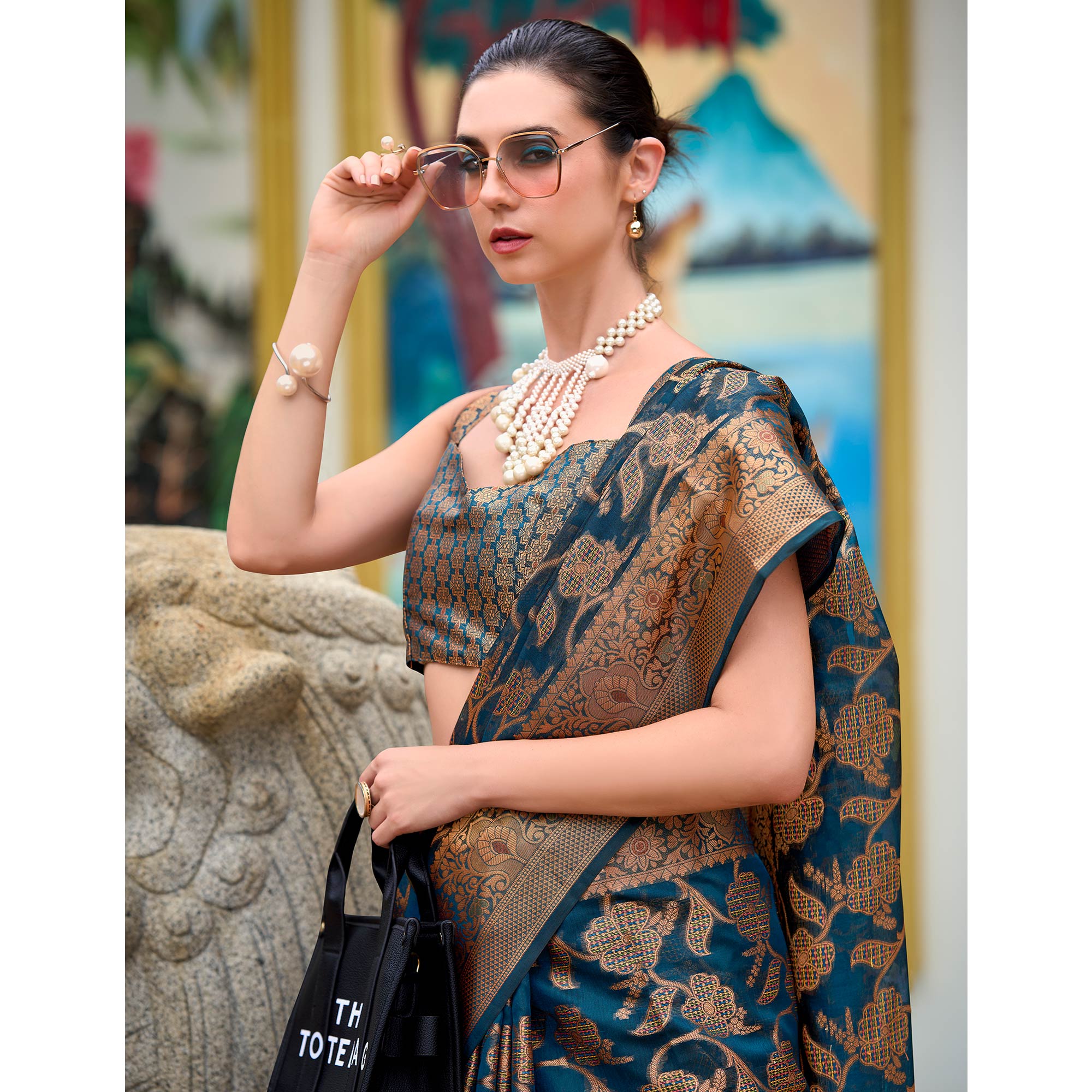 Teal Floral Motifs Woven Organza Saree - Image 5