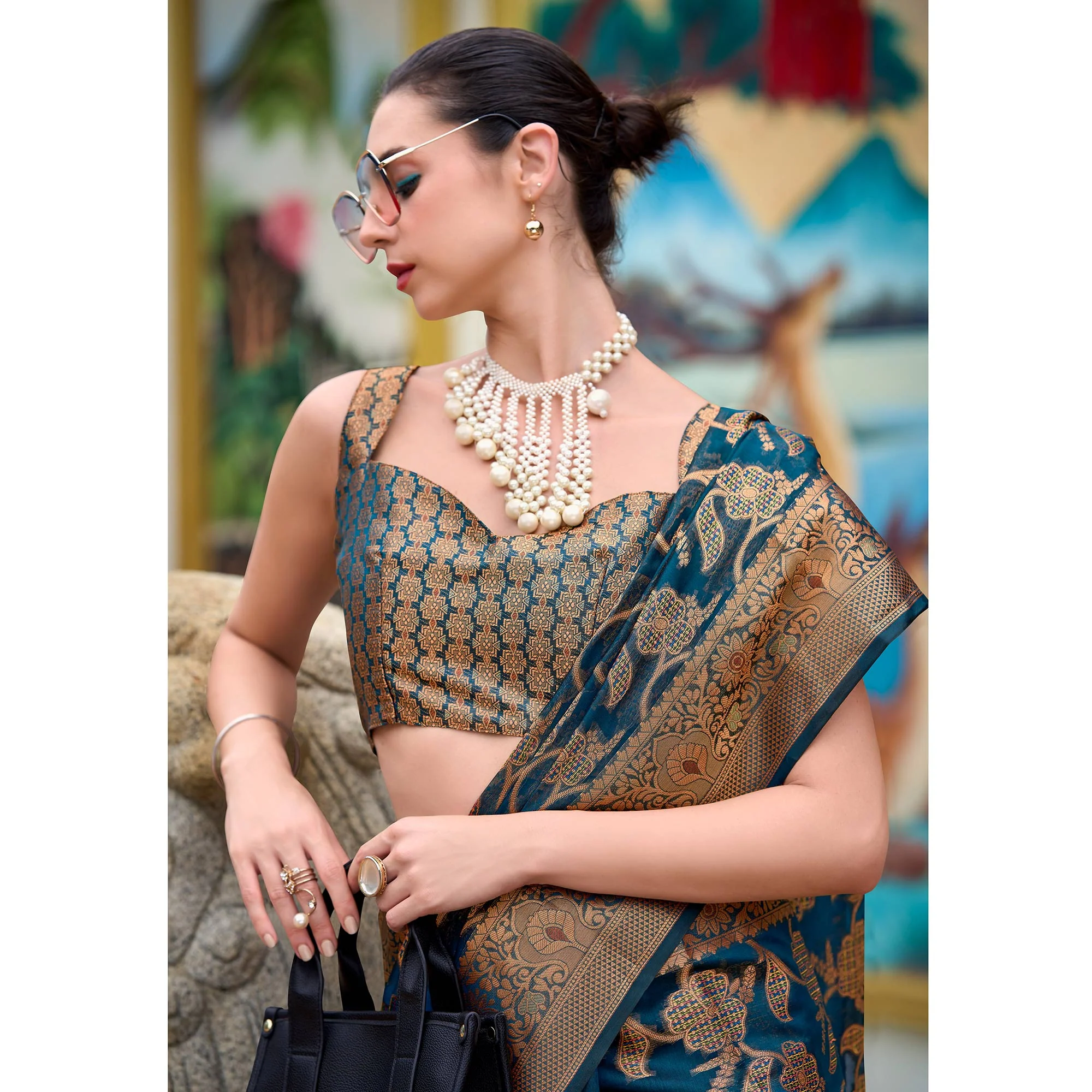 Teal Floral Motifs Woven Organza Saree - Image 6