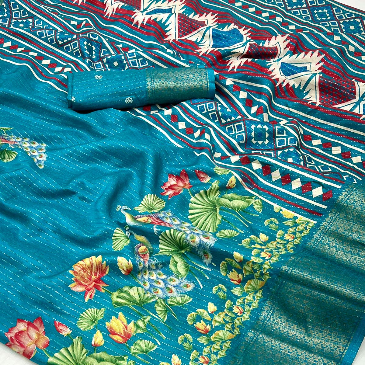 Teal Floral Printed Dola Silk Saree With Jacquard Border - Image 2