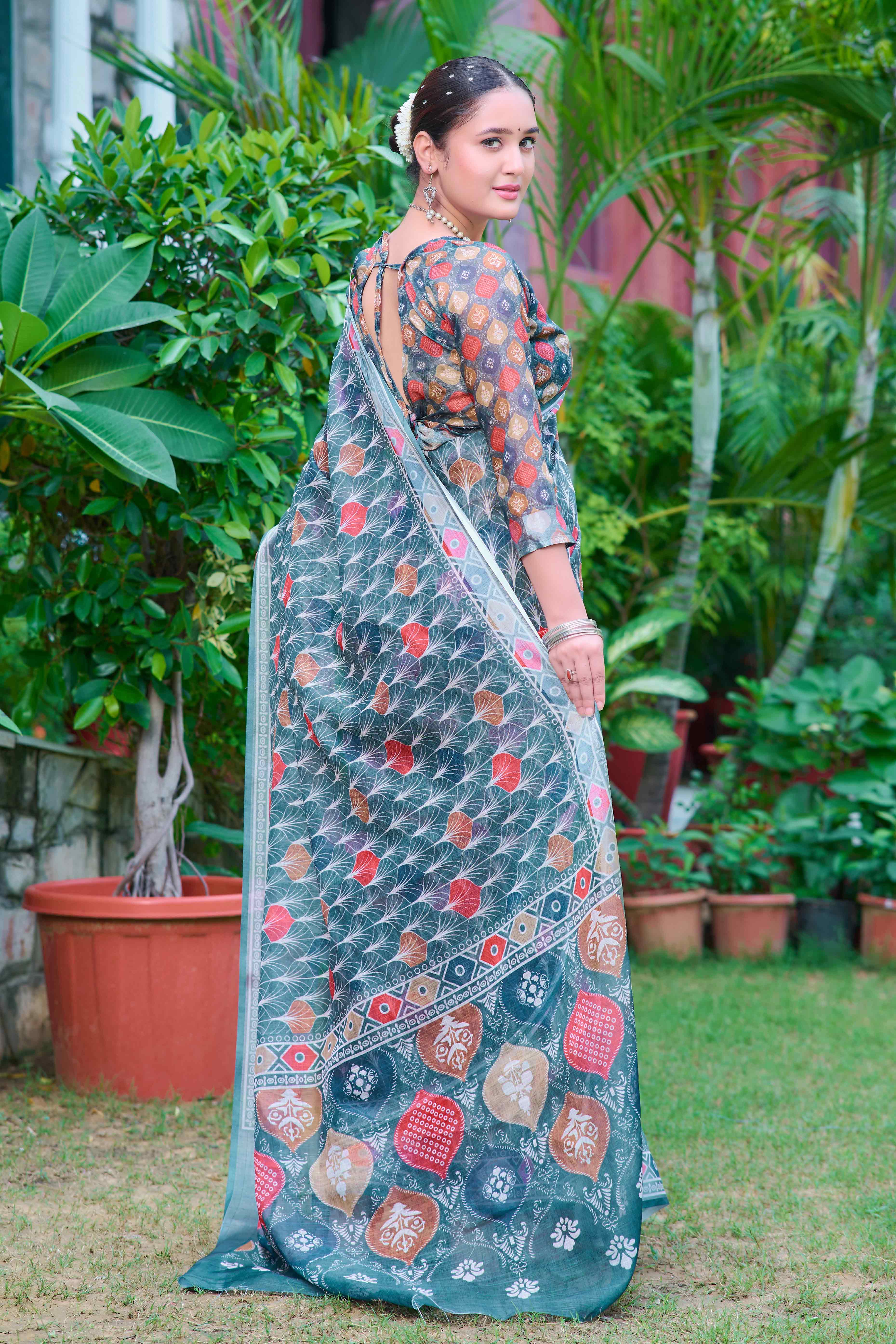 Teal Floral Printed Linen Saree - Image 6