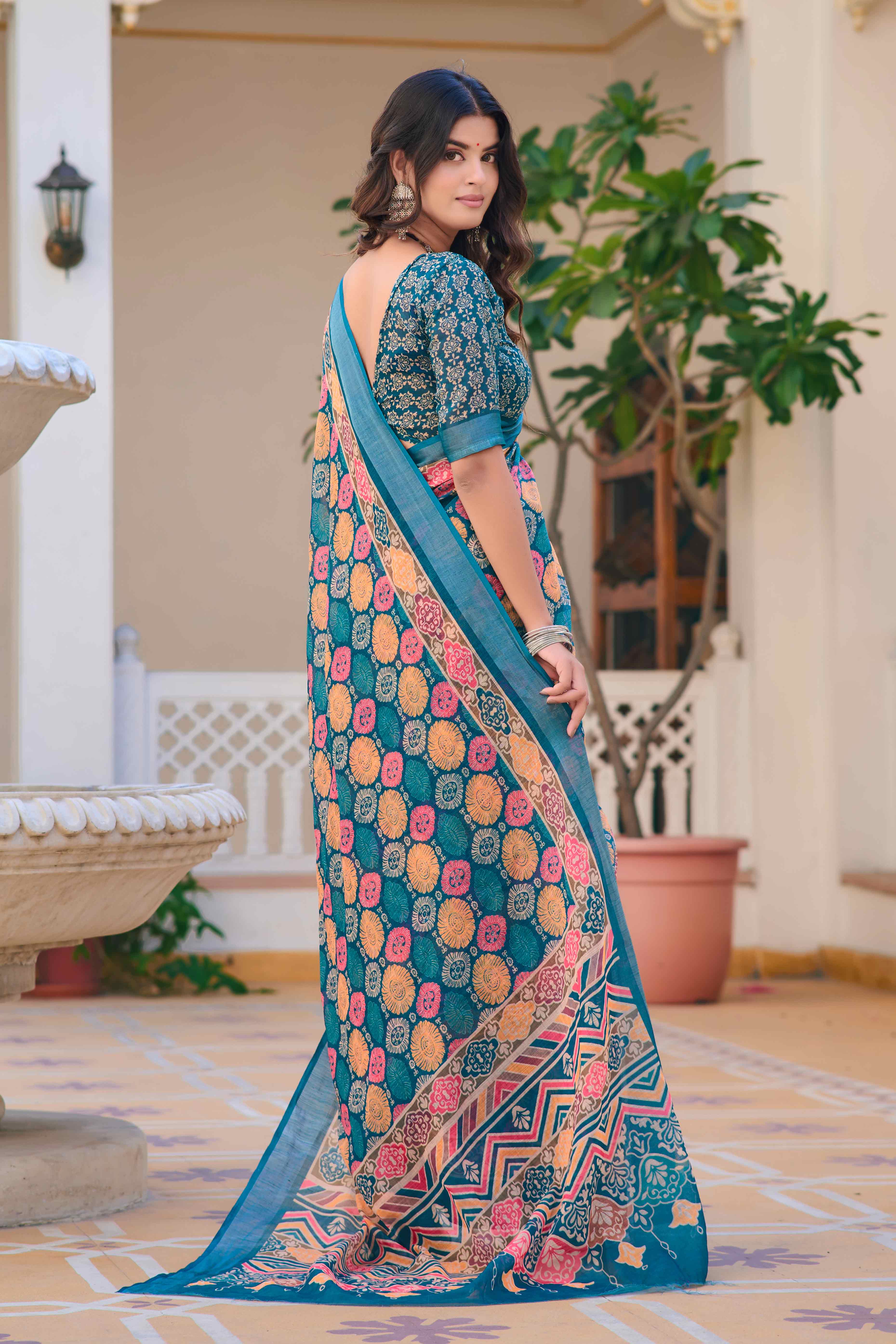 Teal Floral Printed Linen Saree - Image 5
