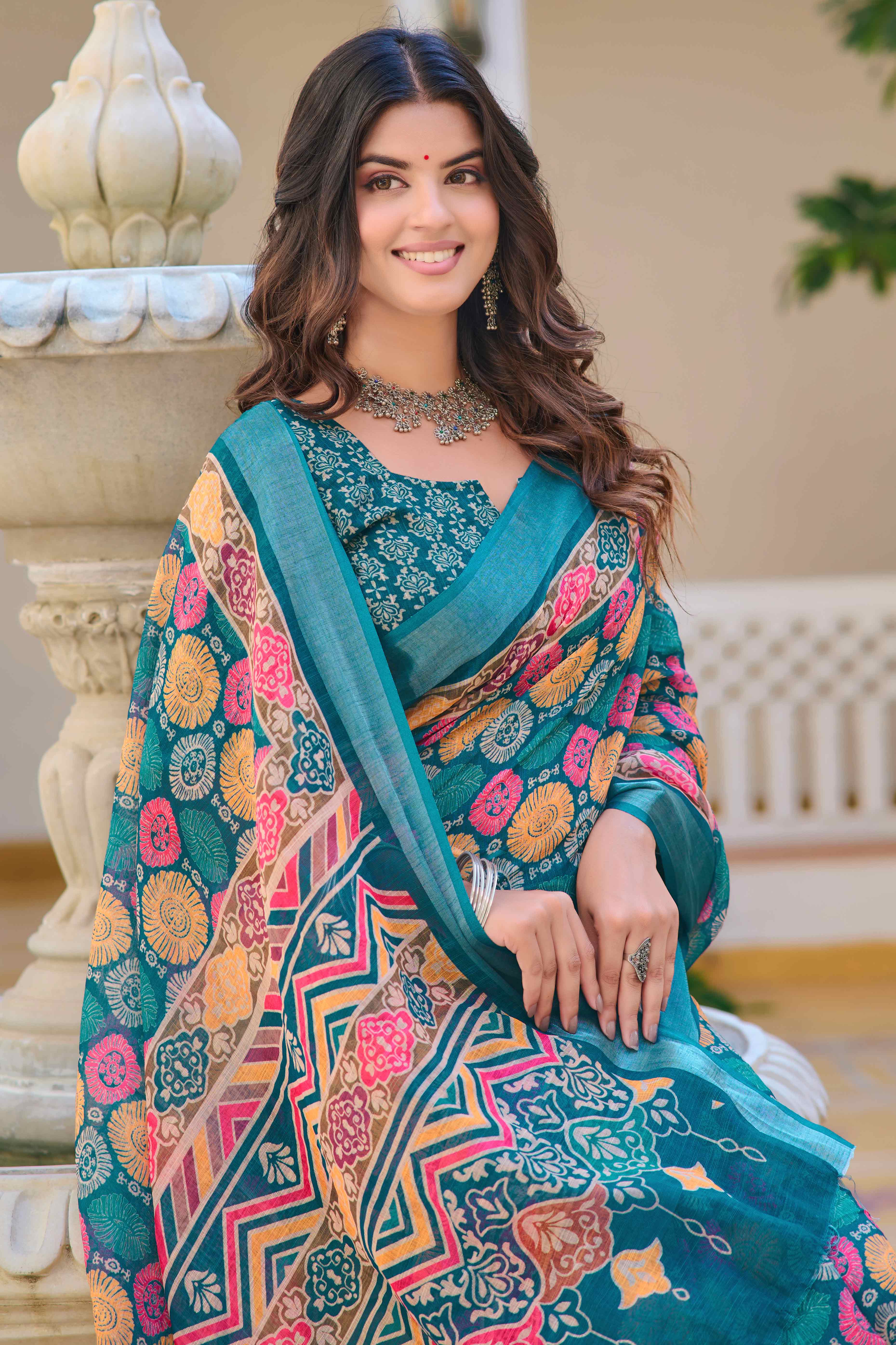 Teal Floral Printed Linen Saree - Image 6
