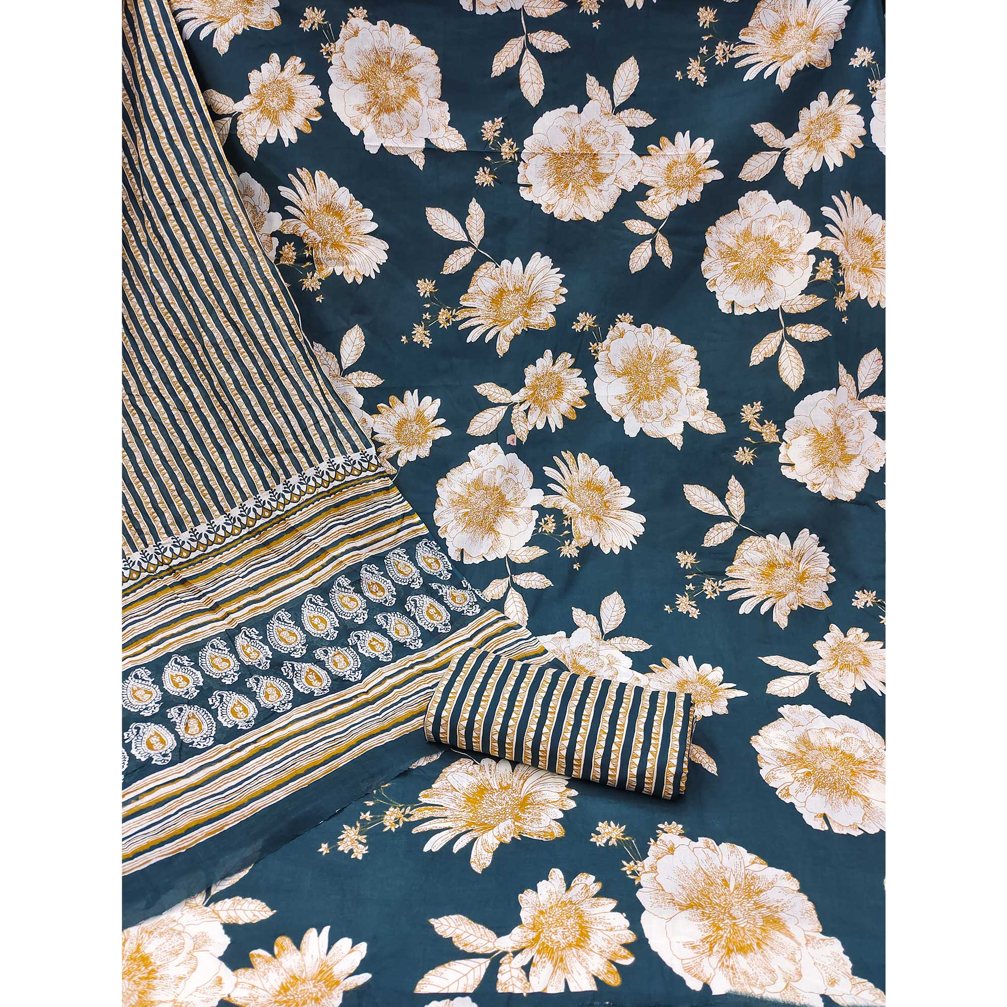 Teal Floral Printed Pure Cotton Dress Material - Image 3