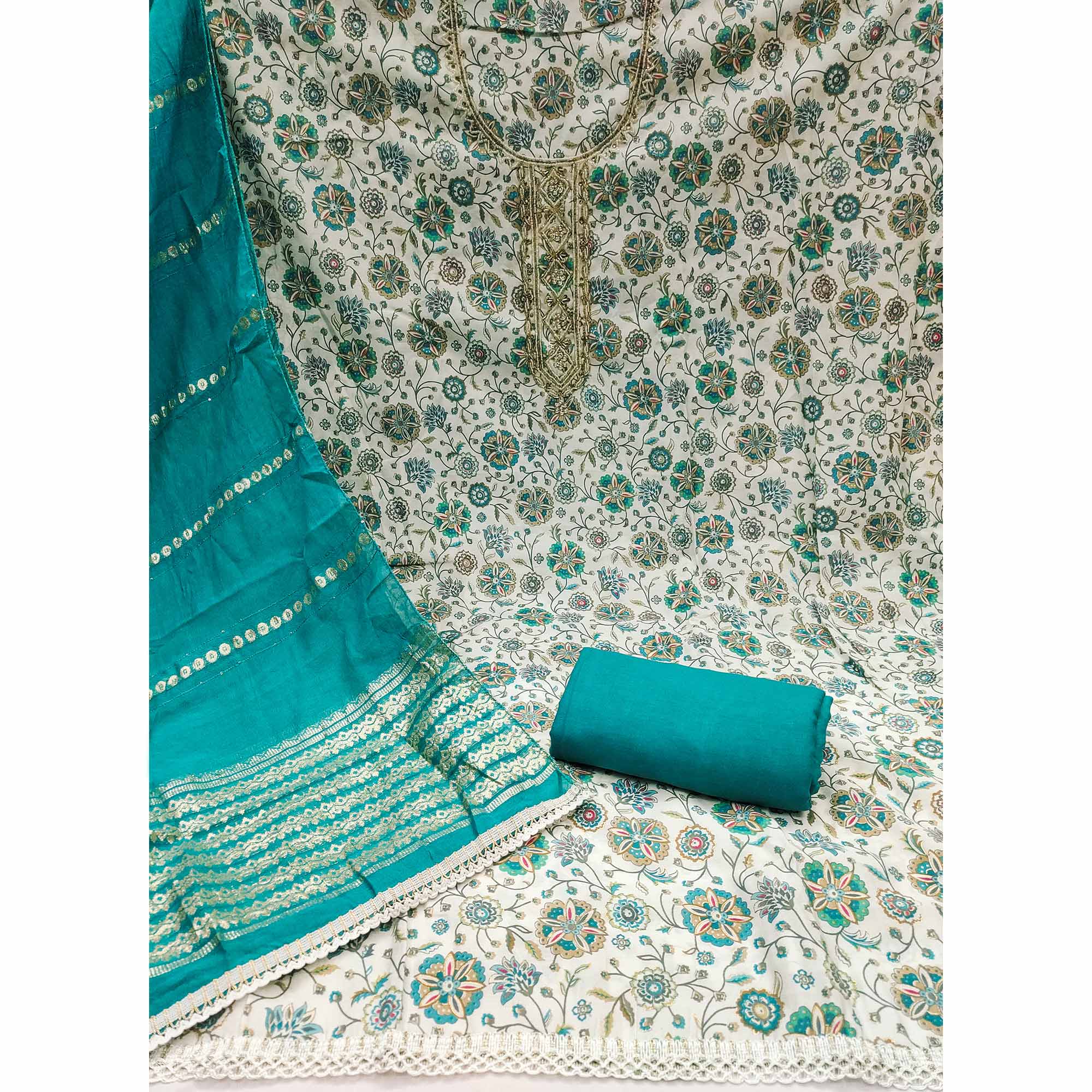 Teal Floral Printed Roman Cotton Silk Dress Material With Intricate Moti & Sequins Handwork - Image 4