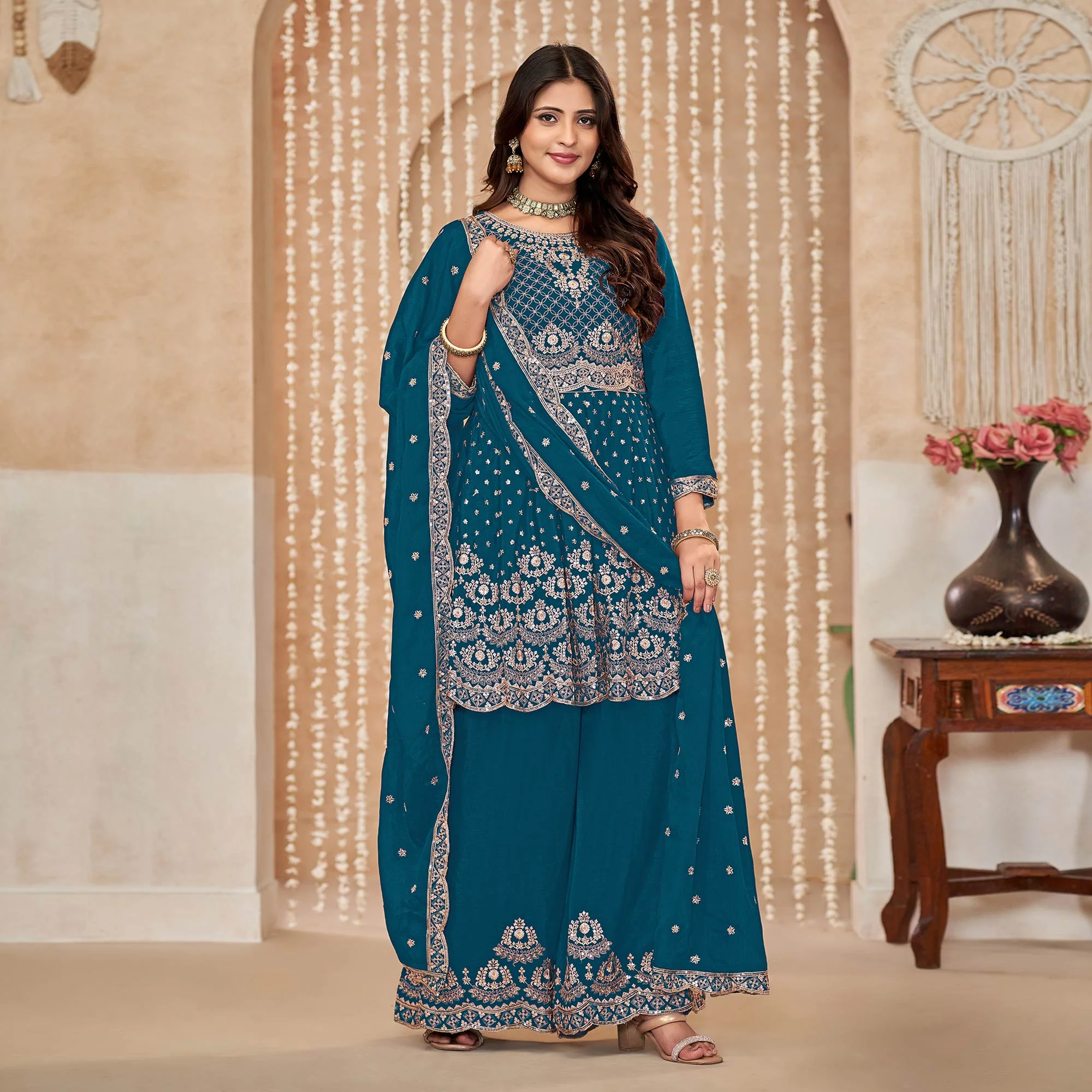 Teal Floral Sequins Embroidered Chinon Semi Stitched Sharara Suit - Image 4