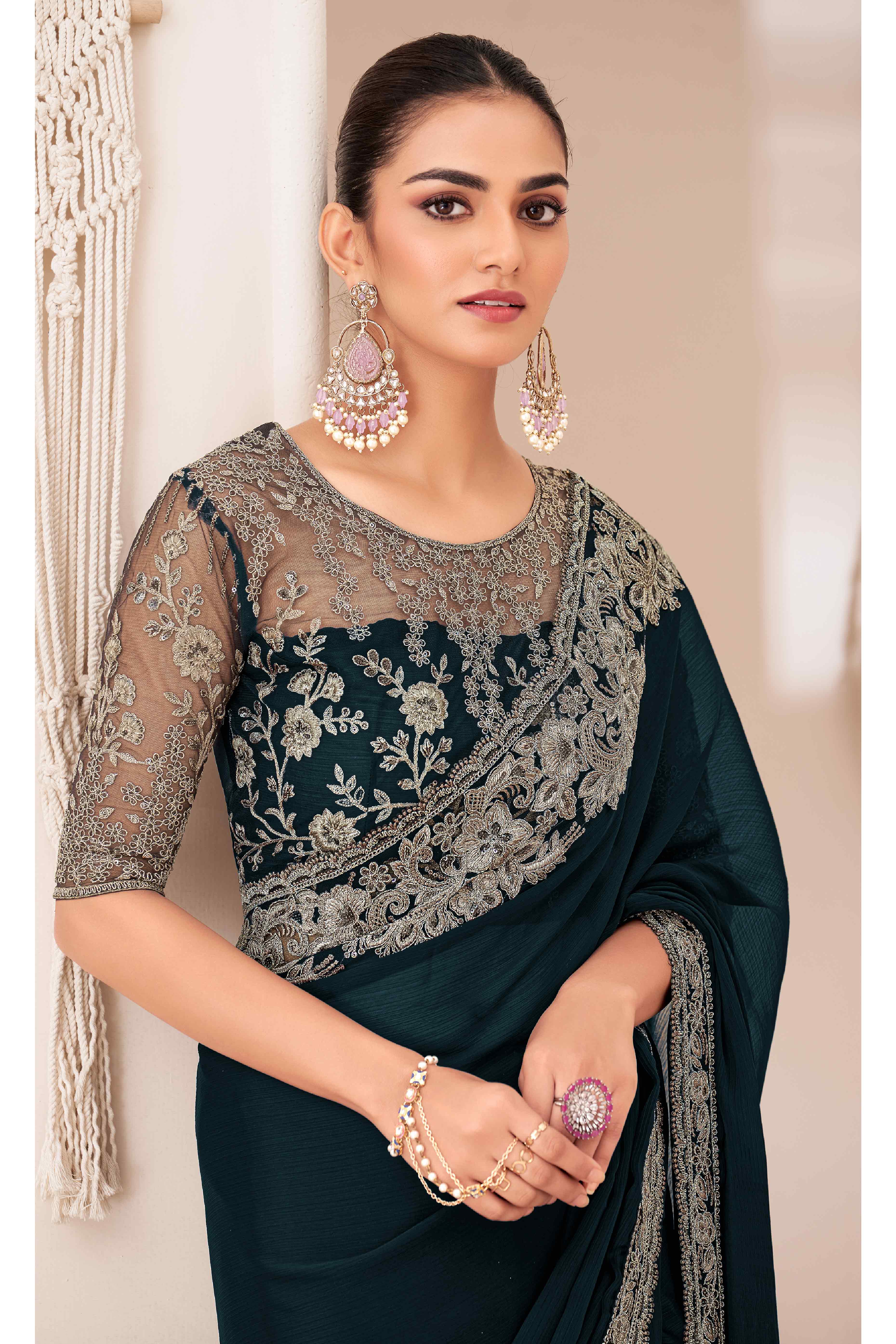 Teal Floral Sequins Embroidered Georgette Saree - Image 3