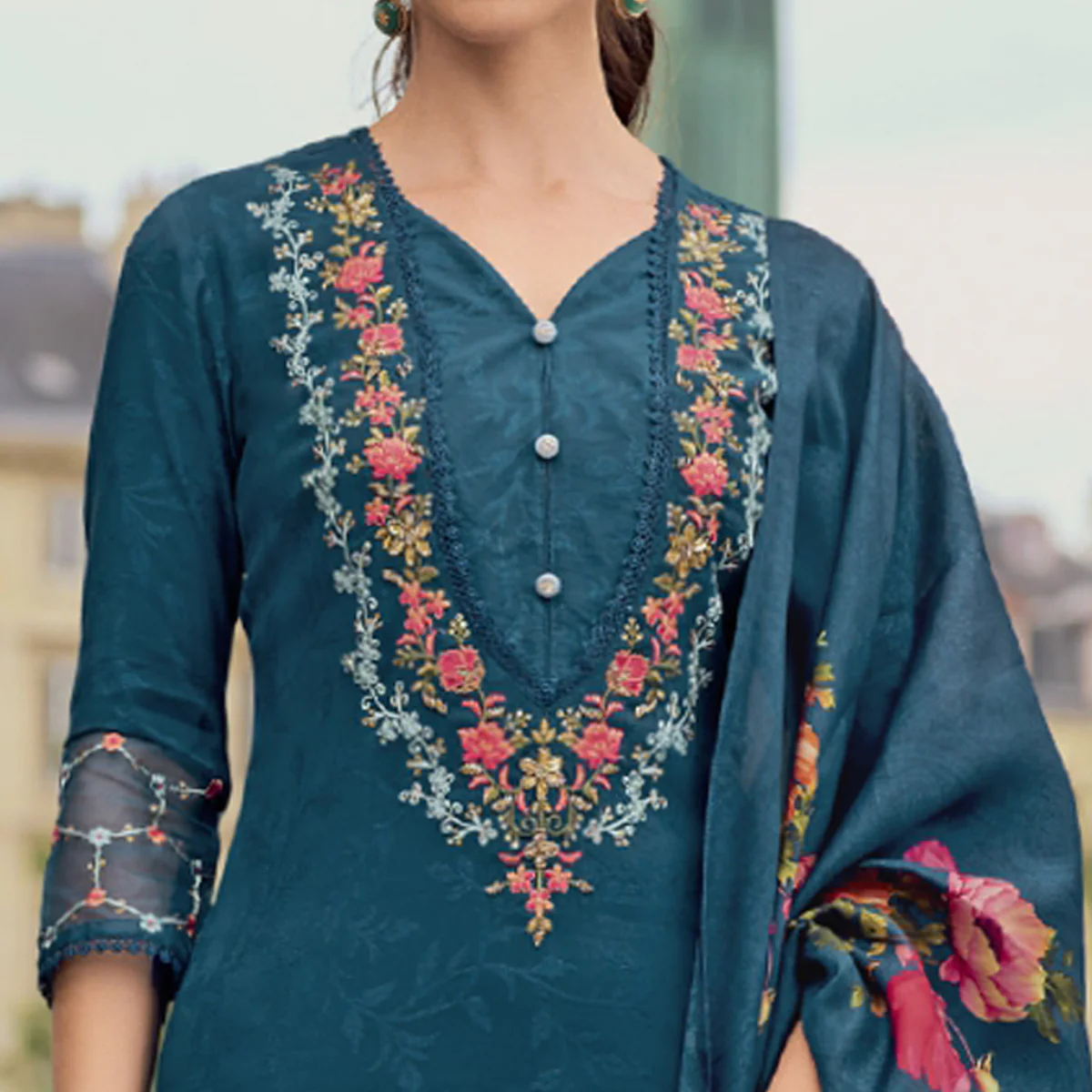 Teal Floral Sequins Embroidery With Handwork Viscose Salwar Suit - Image 3